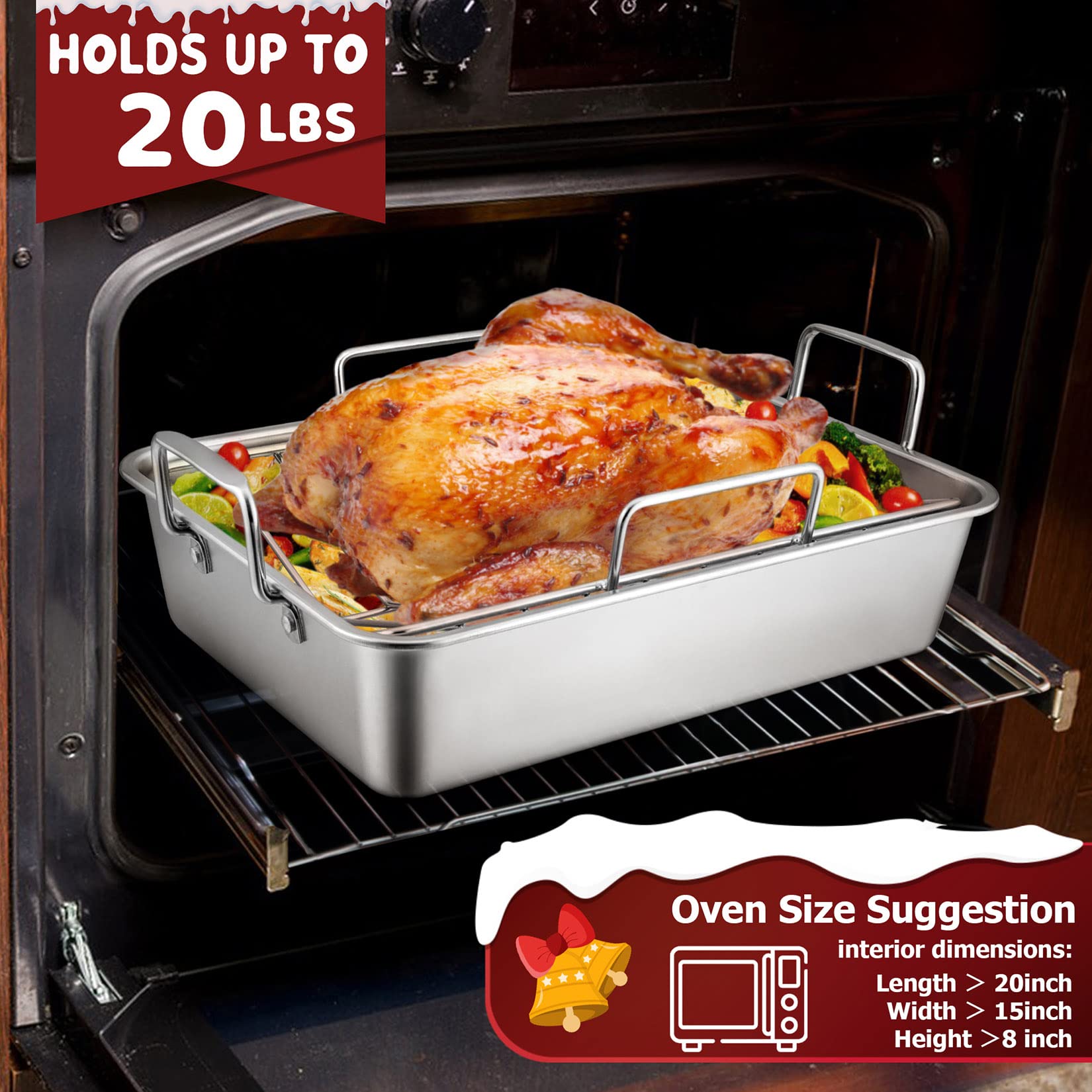Large Turkey Roasting Pan With Rack, Joyfair 15.3 Inch Stainless Steel Chicken Roaster Pan And V-Rack For Oven, Rectangular Bake