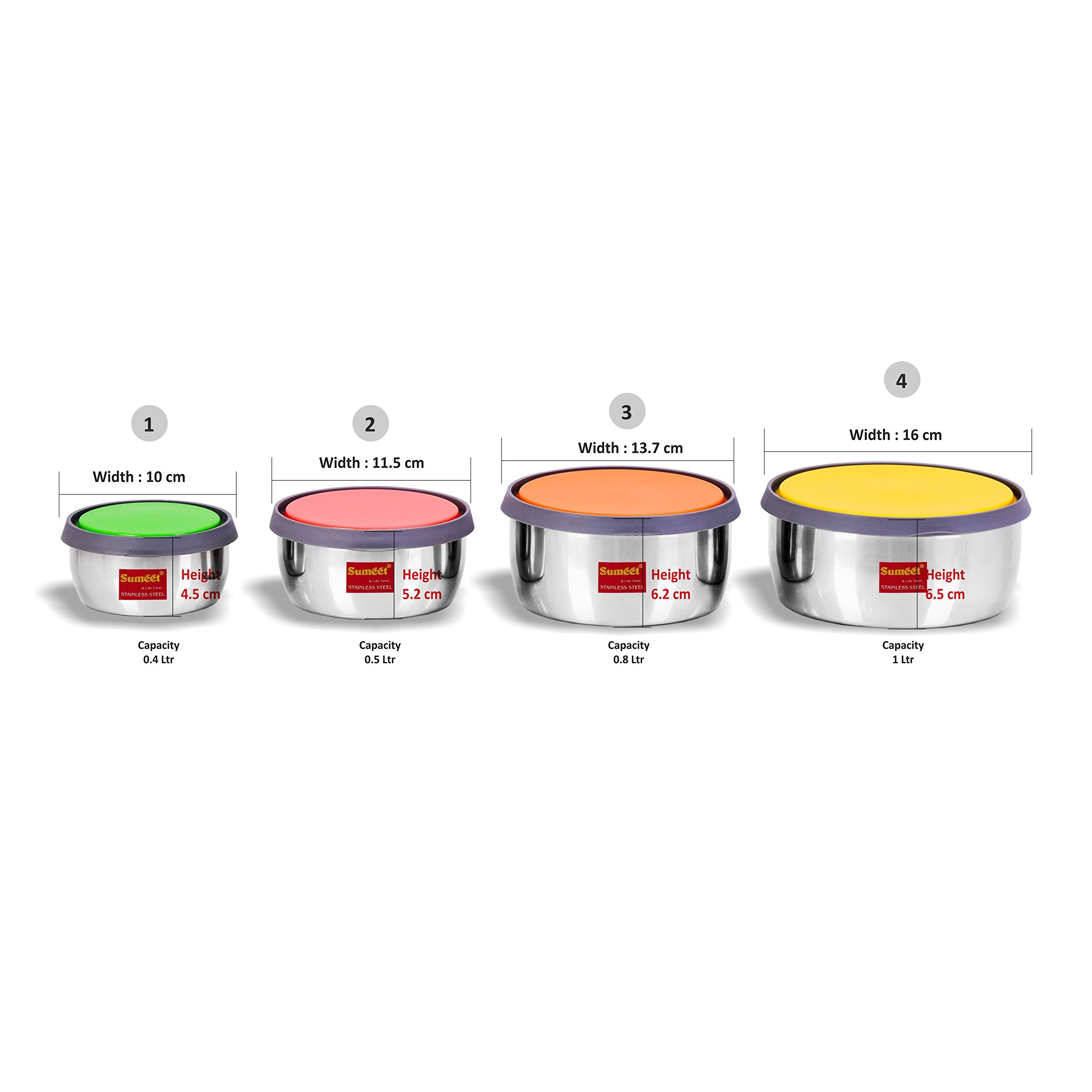 Sumeet Stainless Steel Food Storage Airtight & Leak Proof Containers Set 400Ml To 1 Ltr, Set Of 4Pc