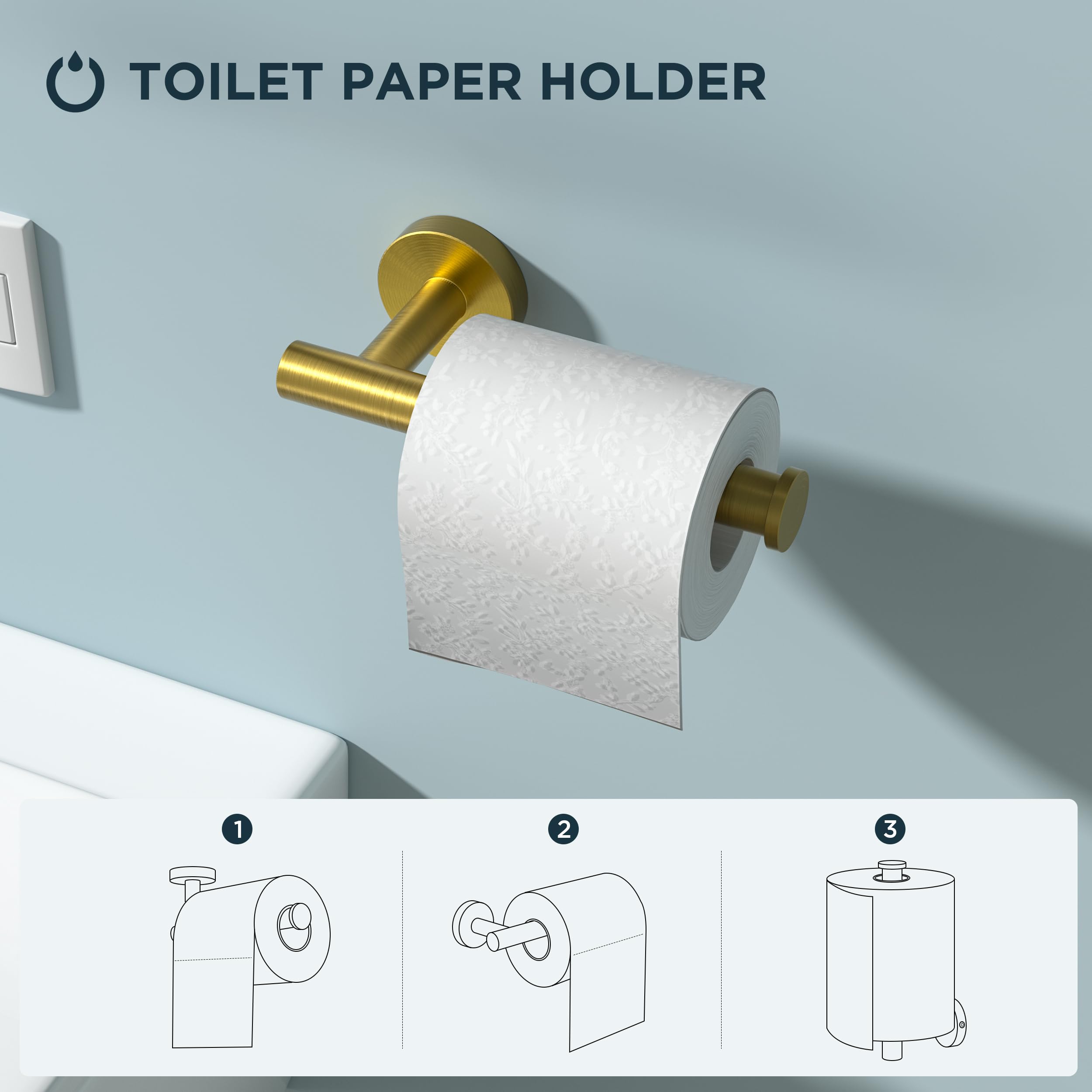 Forious 4 Piece Brushed Gold Bathroom Accessories Set, Sus304 Stainless Steel Bathroom Toilet Paper Holder Set, Wall Mounted Bat