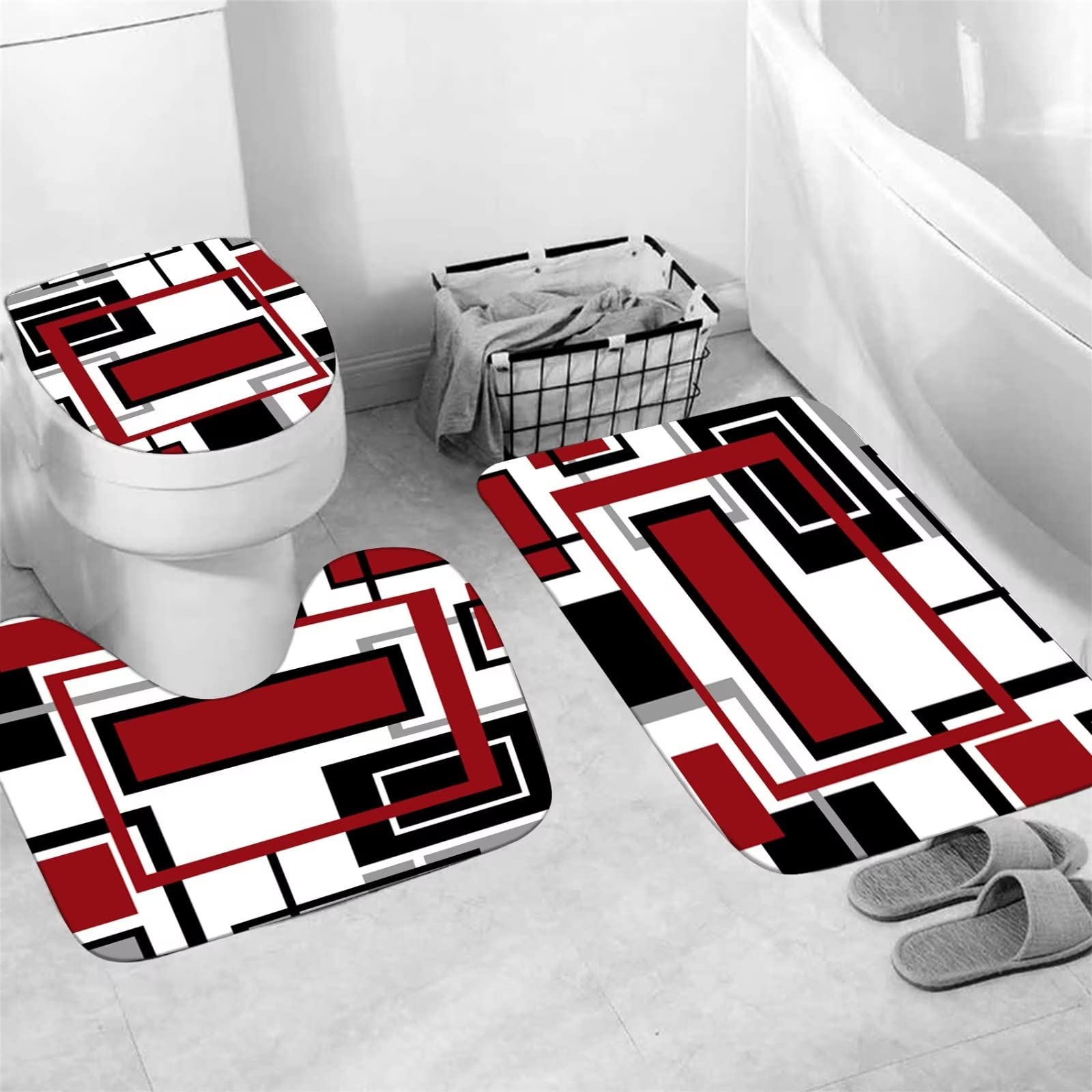 Yddsky 4 Pcs Red Geometric Shower Curtain Sets Non-Slip Rugs Bath Mat, Toilet Cover, U-Shaped Mat, Abstract Geometric Modern Sho