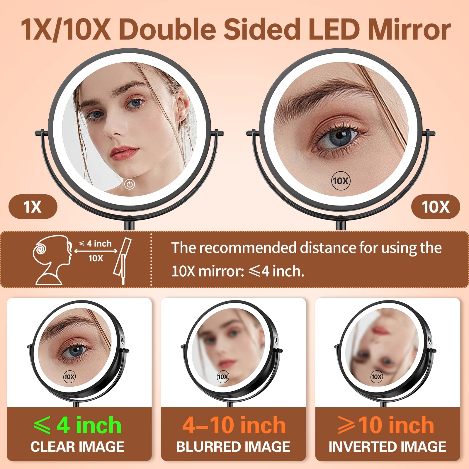 Benbilry 8'' Lighted Makeup Vanity Mirror With 3 Color Dimmable Lights, 1X/10X Magnifying Rechargeable Double Sided Cosmetic Mir