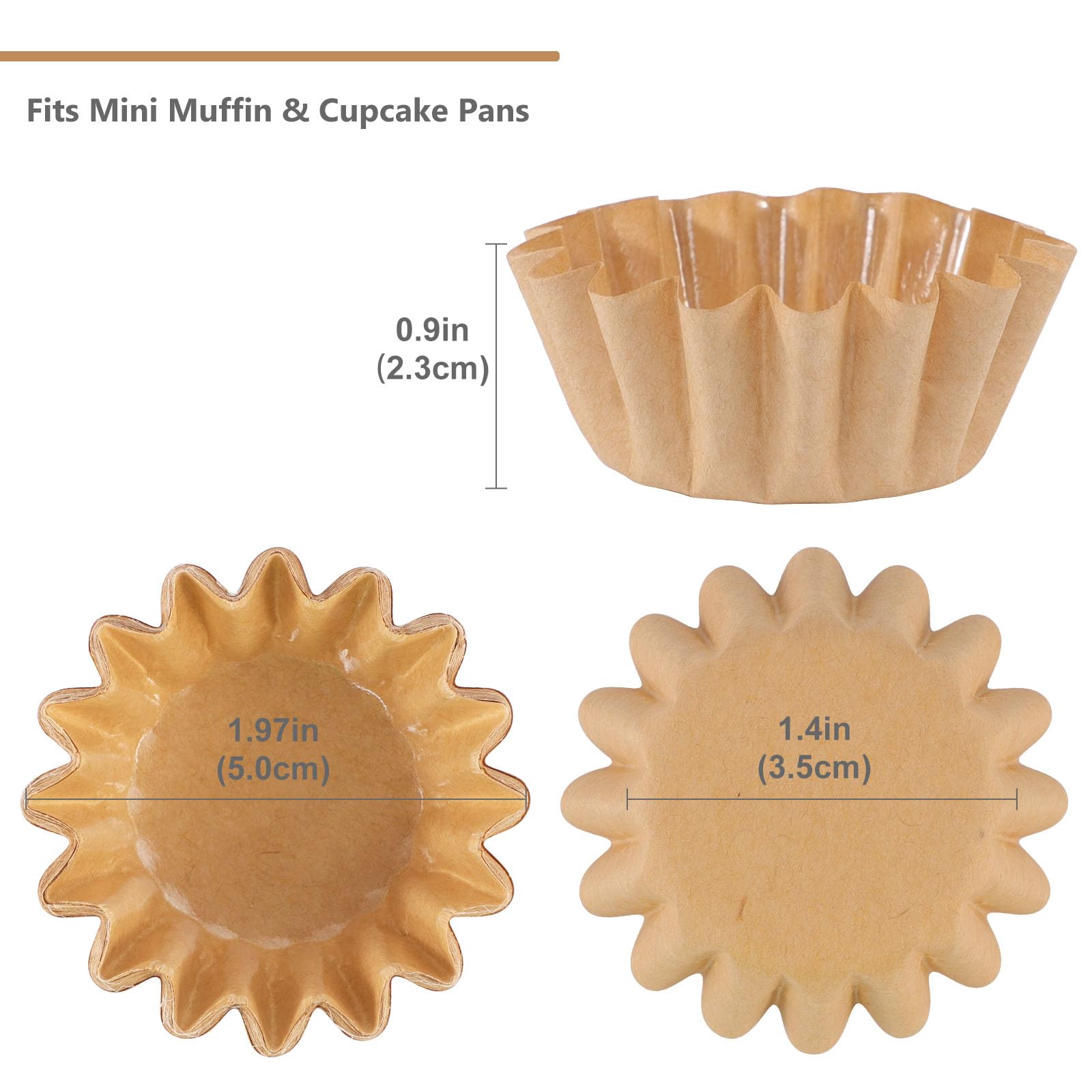 Caperci Grease-Resistant Natural Mini Cupcake Liners 200 Counts - Heavy Duty Paper Muffin Baking Cups, Odorless, No Muffin Pan N