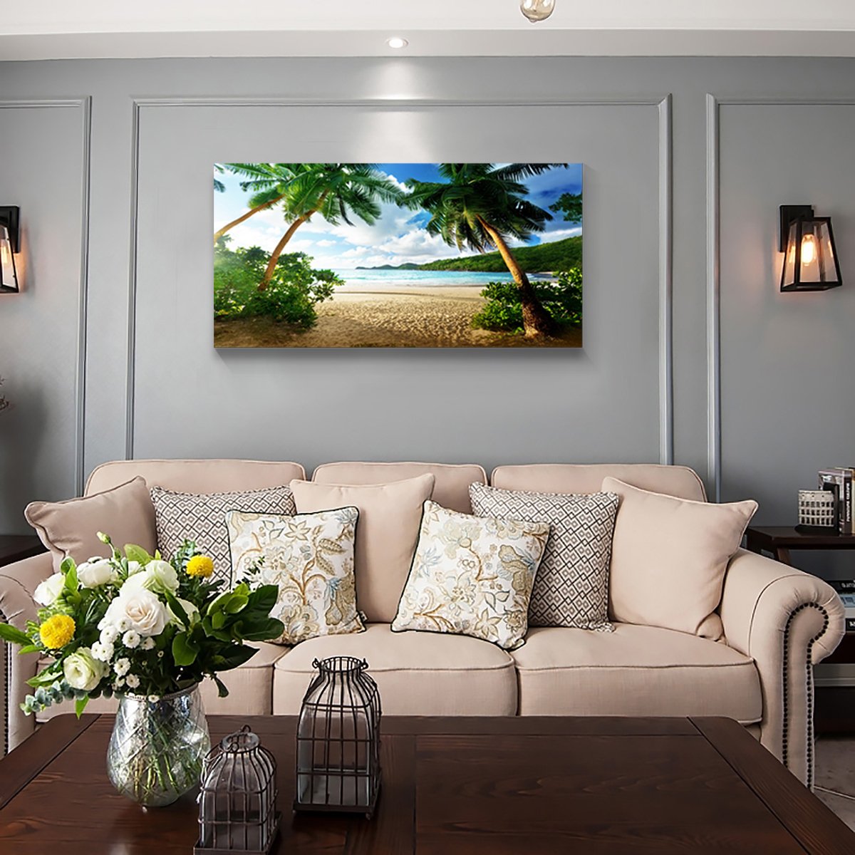 Wall Art Sea Beach Coconut Tree Landscape Picture Print Canvas Wall Art Modern Giclee Artwork Home Decor Stretched and Framed Ready to Hang 2cm Thick Frame  Waterproof Artwork.