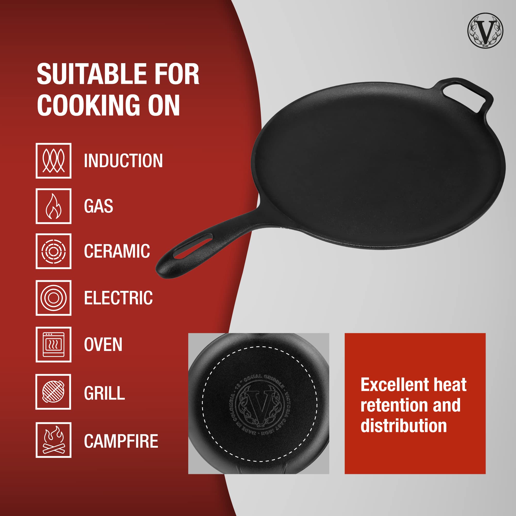 Victoria 12-Inch Cast Iron Comal Pizza Pan With A Long Handle And A Loop Handle, Preseasoned With Flaxseed Oil, Made In Colombia