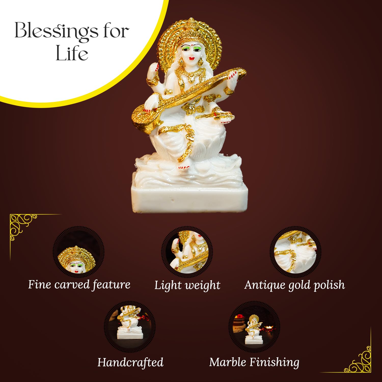 Ekhasa Aura Series Marble Dust Maa Saraswati Idol (5 Inch) | Gold Plated Saraswati Maa Murti For Study Table, Pooja Room & Home