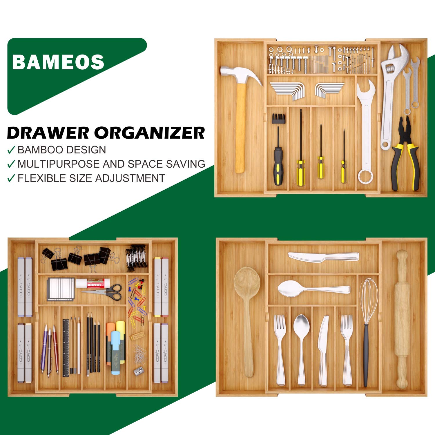 Bameos Drawer Organizer Flatware Organizer Cutlery Tray Silverware Organizer Expandable Adjustable Bamboo Drawer Organizer Kitch