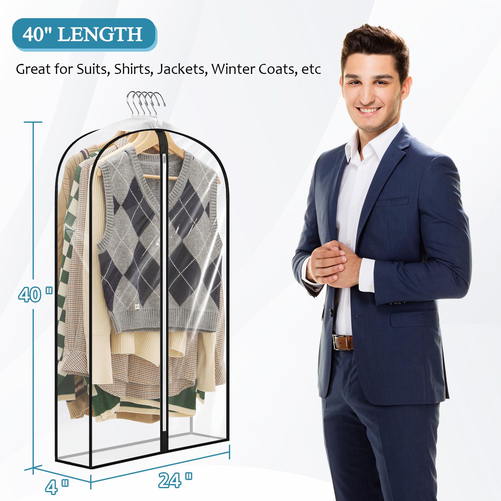 Perber 40'' All Clear Garment Bags For Hanging Clothes, 4'' Gusseted Suit Bags For Closet Storage, Plastic Garment Covers With Z