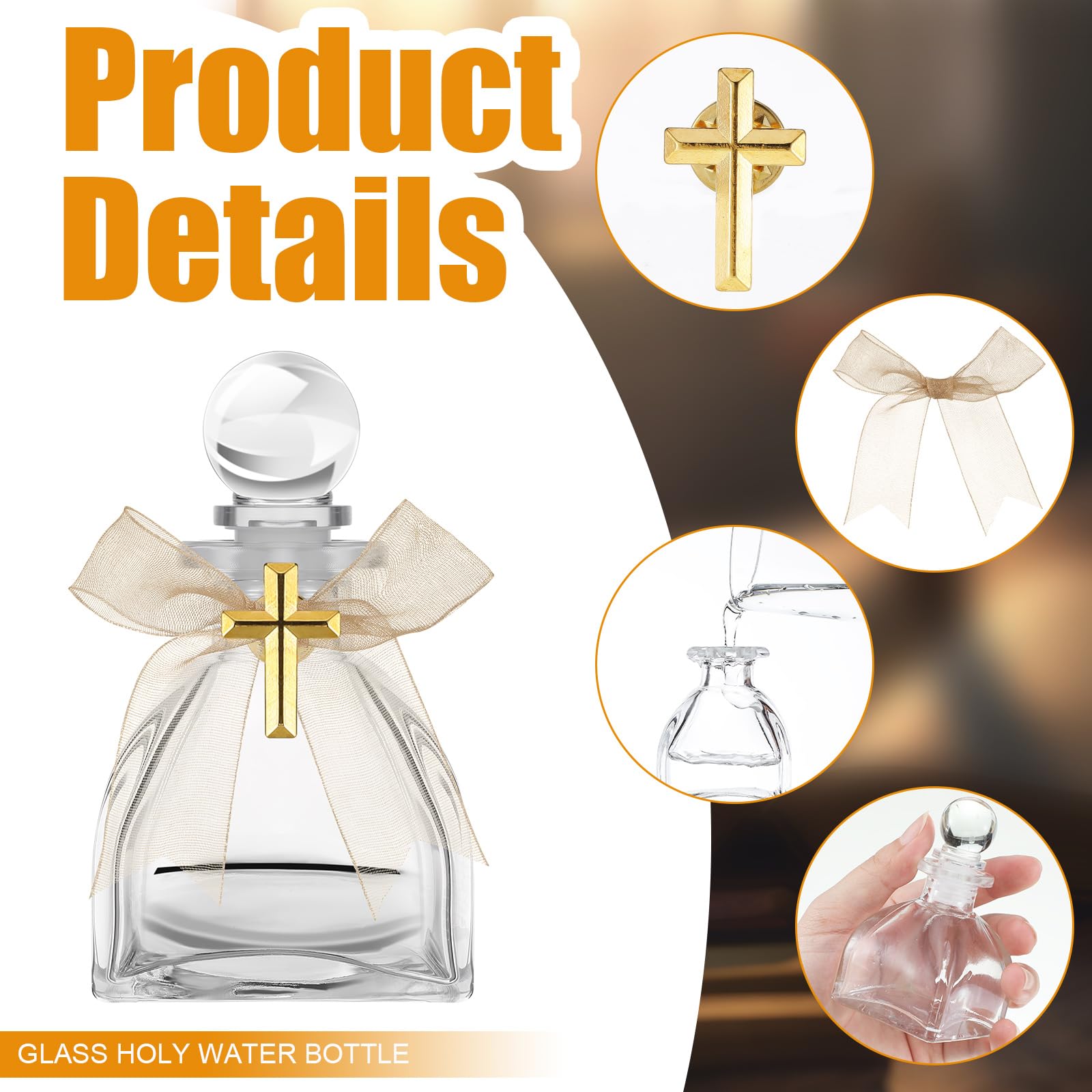 Chuangdi 24 Set Holy Water Bottles Catholic Clear Holy Water Container 50ml Christian Glass Bottle with Cross Lapel Pin and Lace