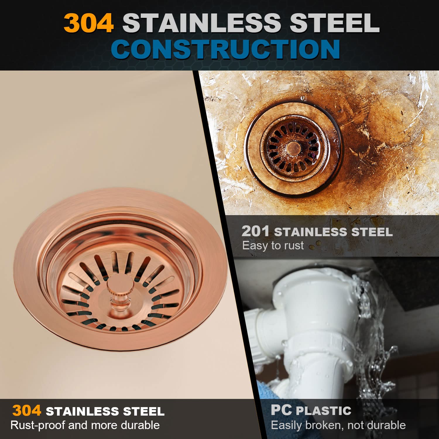 BOTEMY B9173 Kitchen Sink Drain Assembly 3-1/2 inch with Removable Sink Strainer Basket/Stopper 304 Stainless Steel (Antique Copper)
