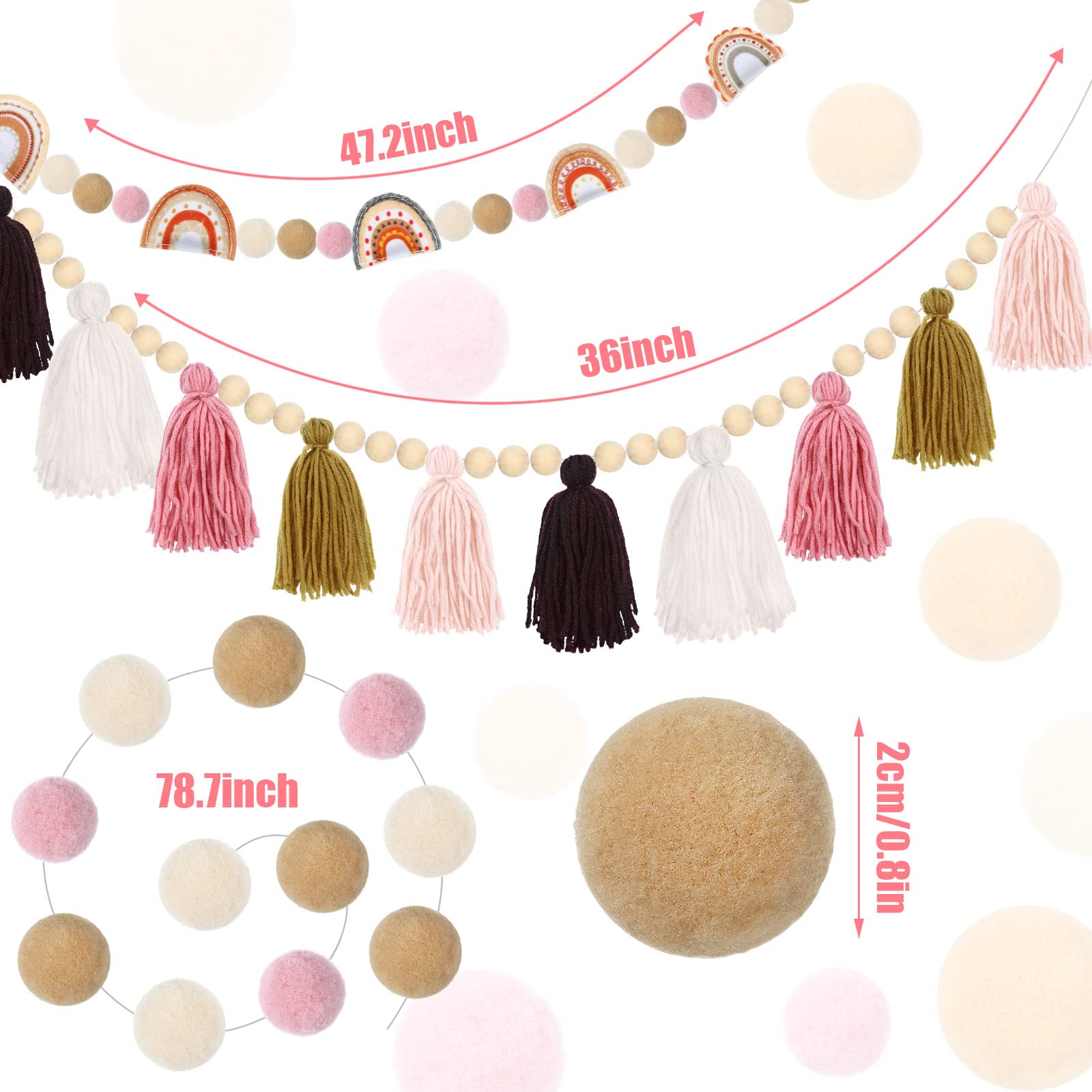 4 Pieces Boho Tassel Garland Rainbow Pom Pom Garland Wall Hanging Decor Pastel Tassel Boho Classroom Decor Felt Colorful Balls G