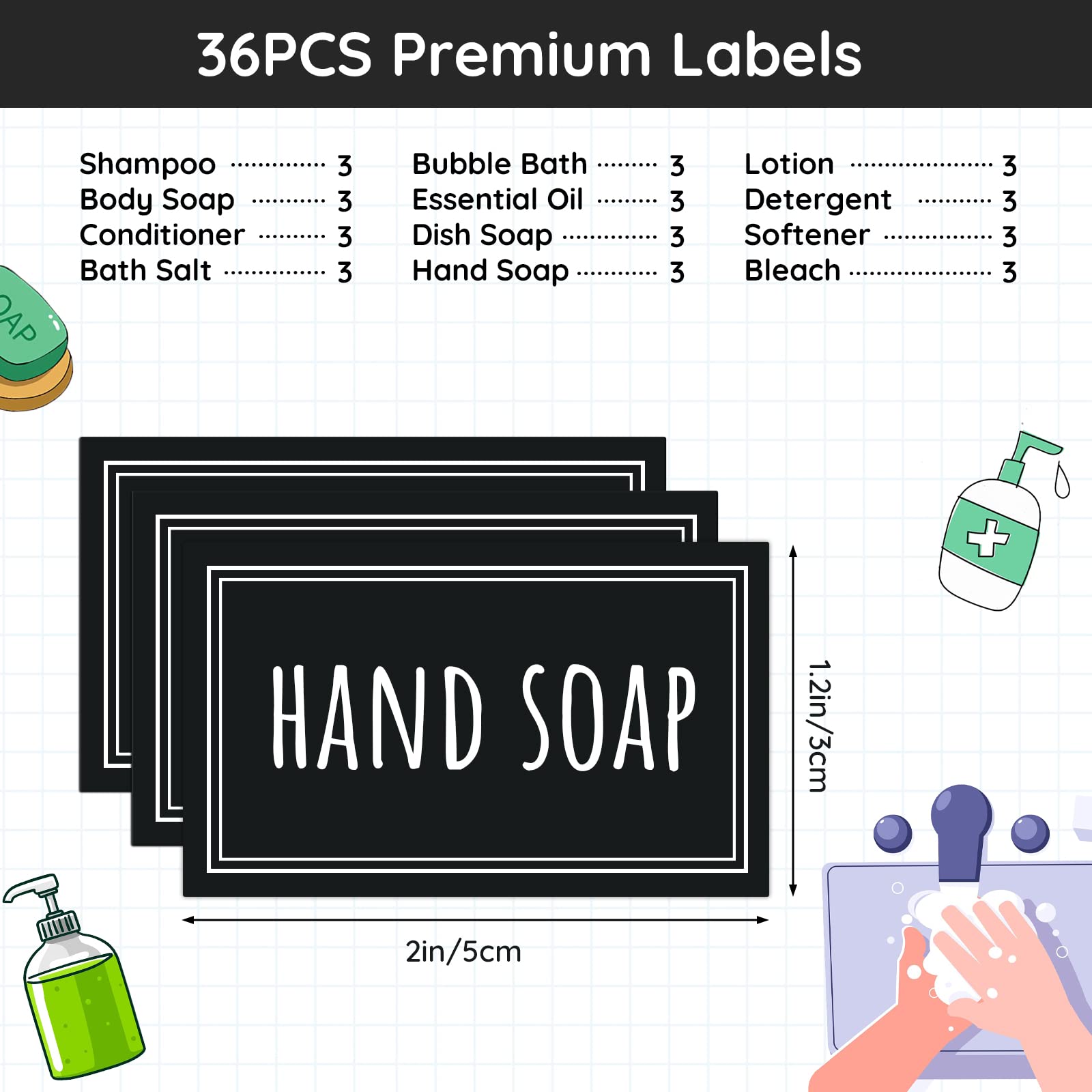 Segbeauty Waterproof Labels For Organizing, 36 Packs Soap Dispenser Label Stickers Printed With Shampoo Conditioner Hand Soap, S
