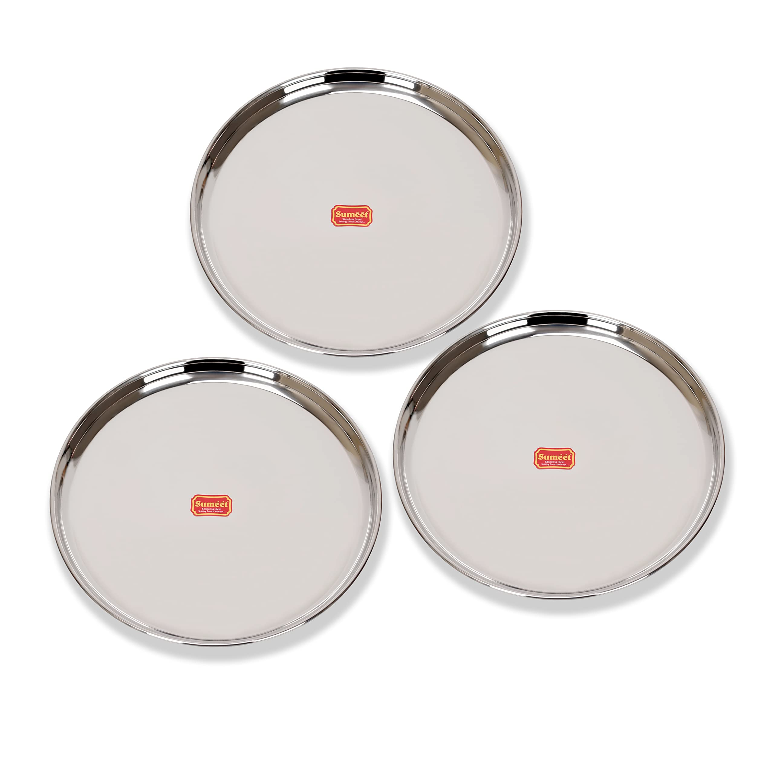 Sumeet Stainless-Steel Heavy Gauge Dinner Plates with Mirror Finish-32.3cm Dia, Set of 3pc, Silver