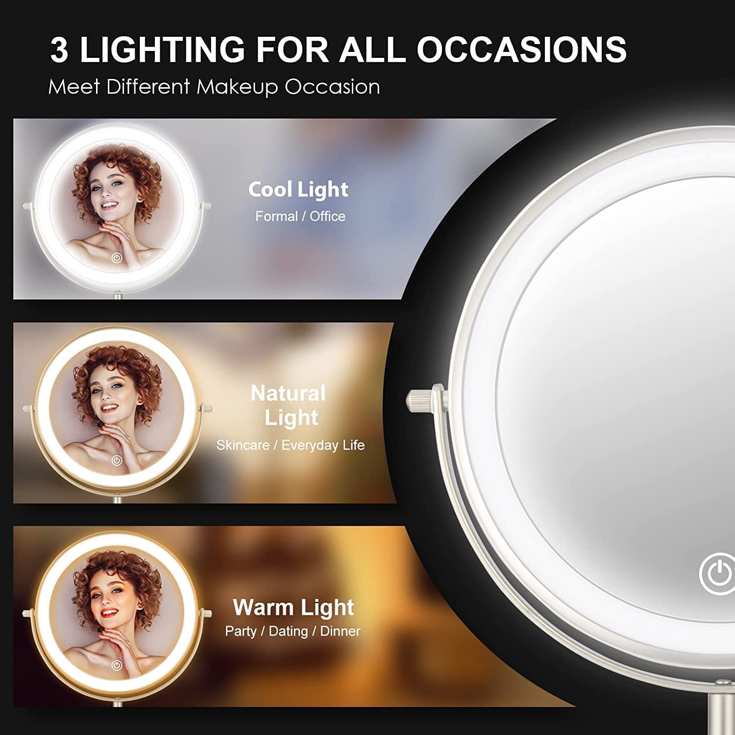 Hihia Lighted Tabletop Makeup Mirror 8 Inch Double-Sided 7X Magnification, Desk Mirror With Pedestal For Shaving, Height Adjusta