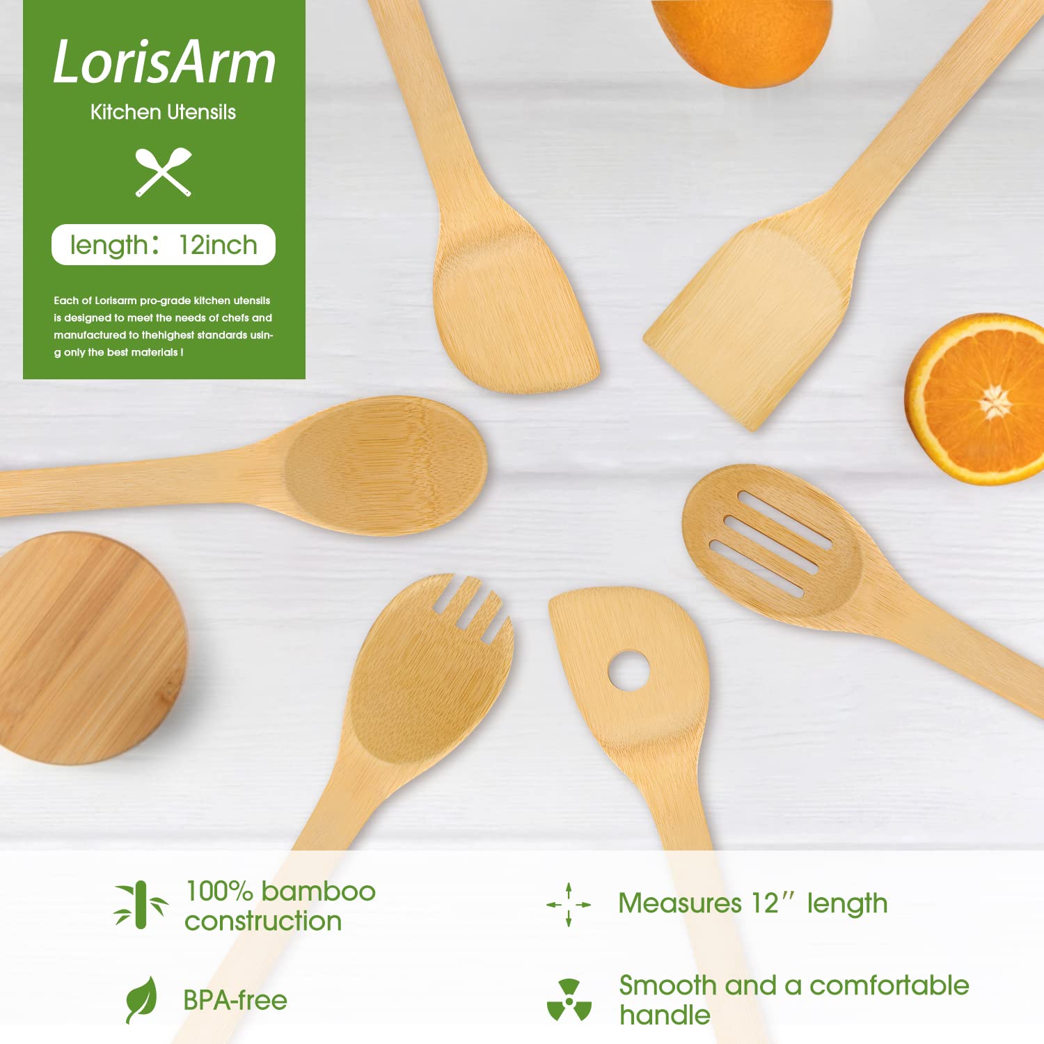 Lorisarm 12 Wooden Spoons Spatulas For Cooking 6-Piece Bamboo Utensil Set