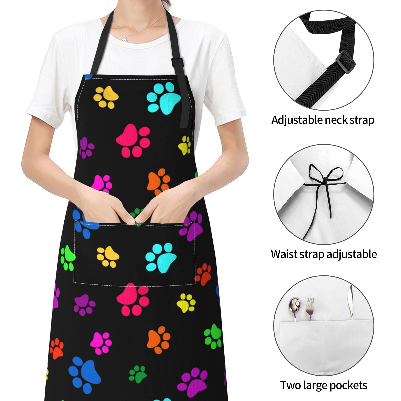 Perinsto Colorful Dogs Paws Waterproof Apron With 2 Pockets Cute Pet Animal Paw Kitchen Chef Aprons Bibs For Grooming Cooking Ba