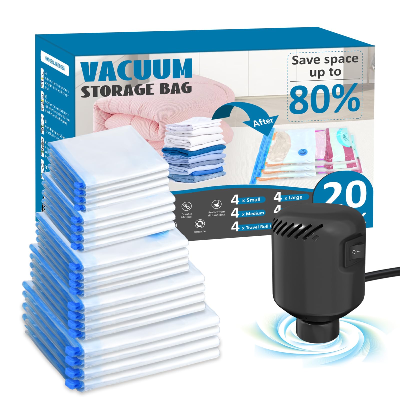 Kissleaf 20 Pack Vacuum Seal Bags For Clothing With Electric Air Pump,Space Saver Vacuum Storage Bags For Clothes,Mattress, Blan