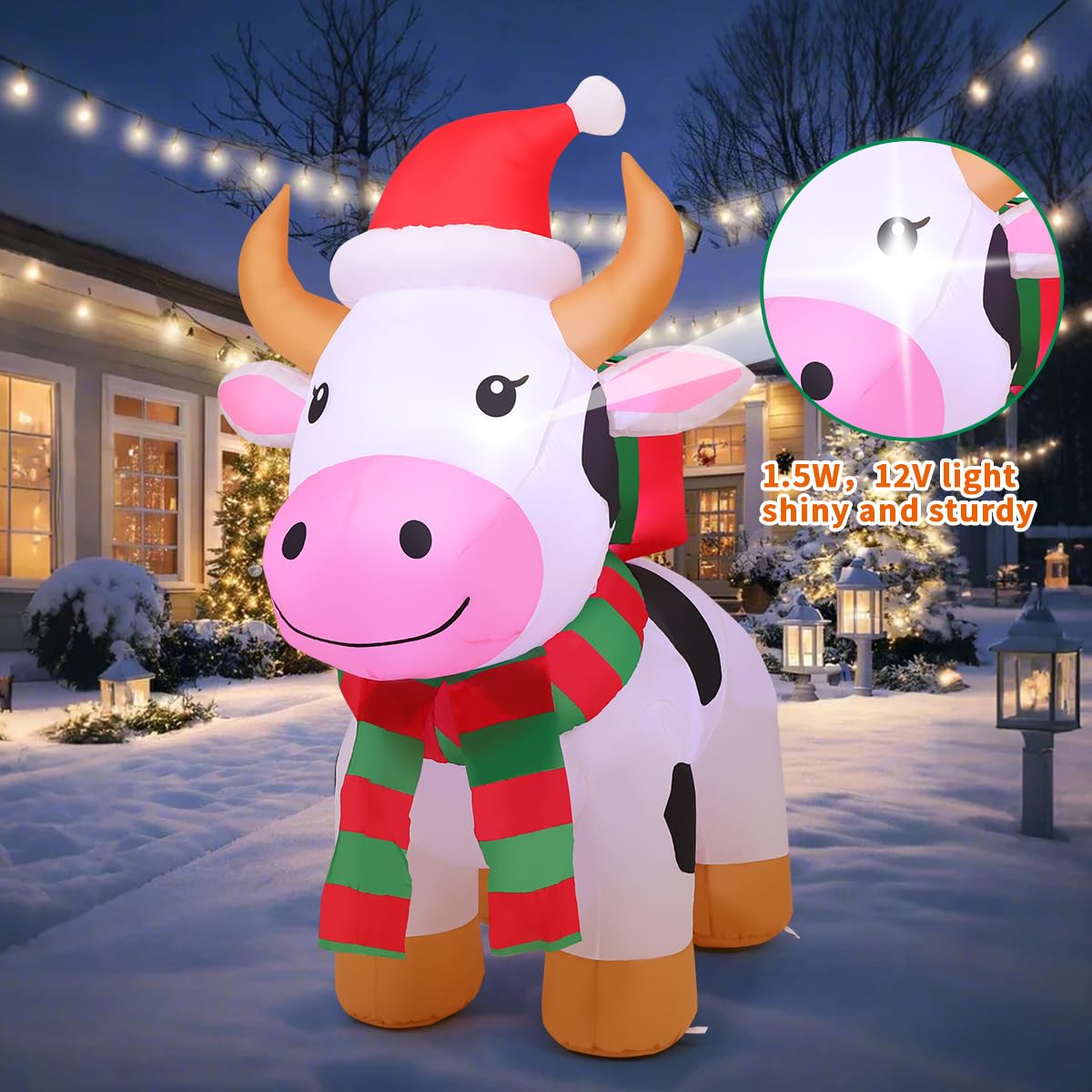 COMIN 5.9 FT Christmas Inflatables Outdoor Decorations Inflatable Cow with LEDs,Quick Blow Up with Built-in LEDs for Yard Party