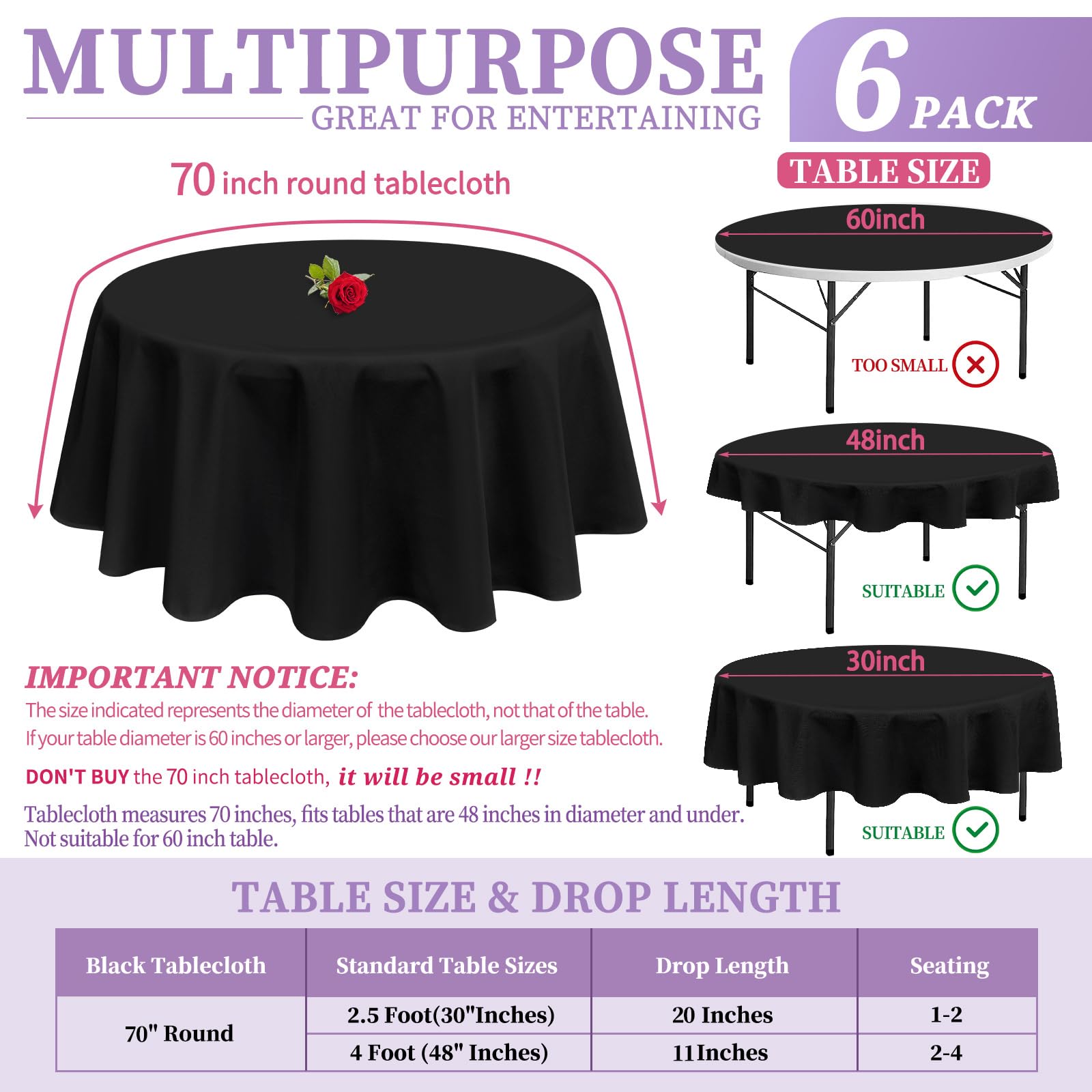 6 Pack Round Tablecloth 70 Inch Polyester Round Table Cloth White Wrinkle Resistant Washable Polyester Tablecloth Round Decorati