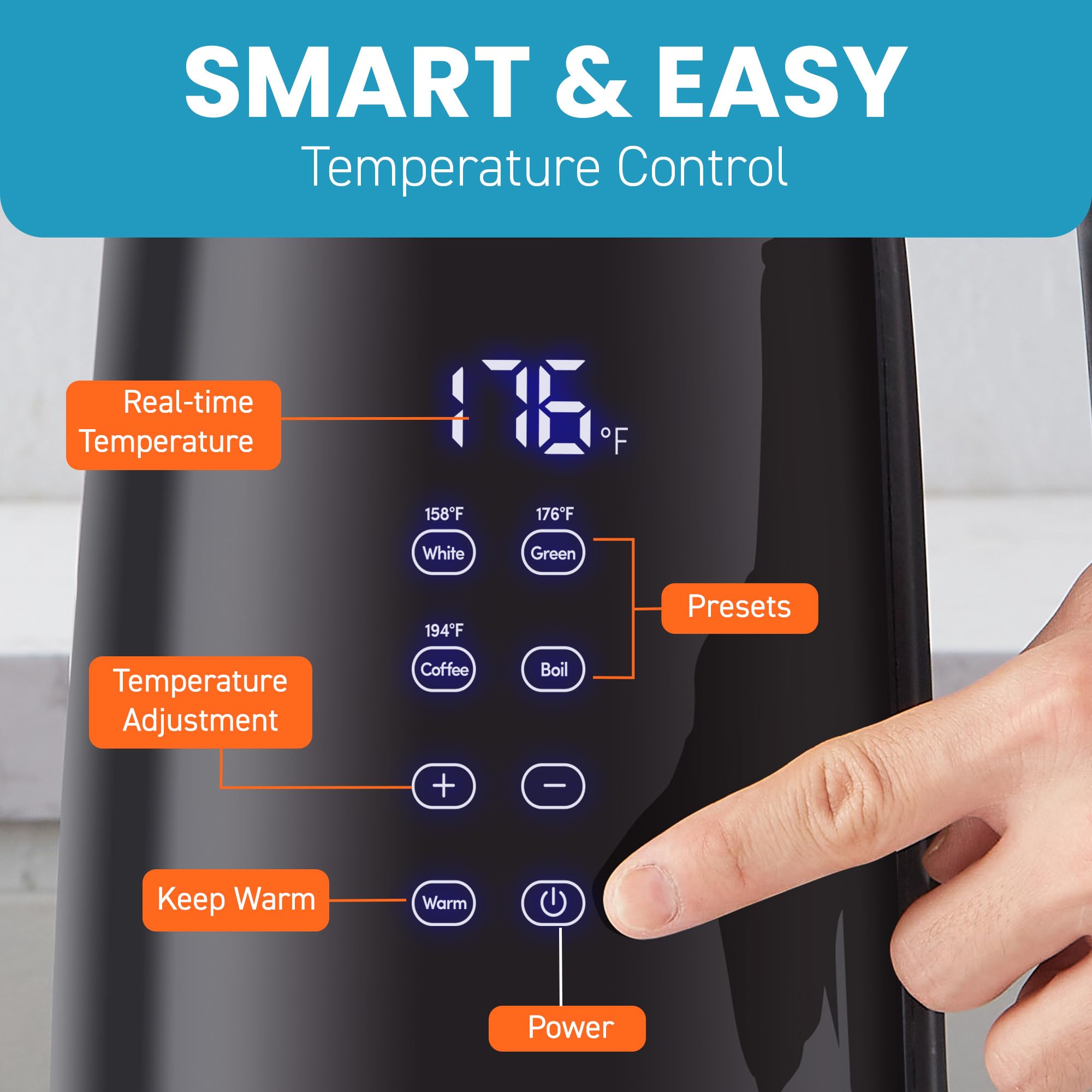 Elite Gourmet Ekt8717 1.7L Double Wall Cool Touch Electric Tea Kettle, Glass Exterior, Real Time Temperature, Digital Touch-Scre