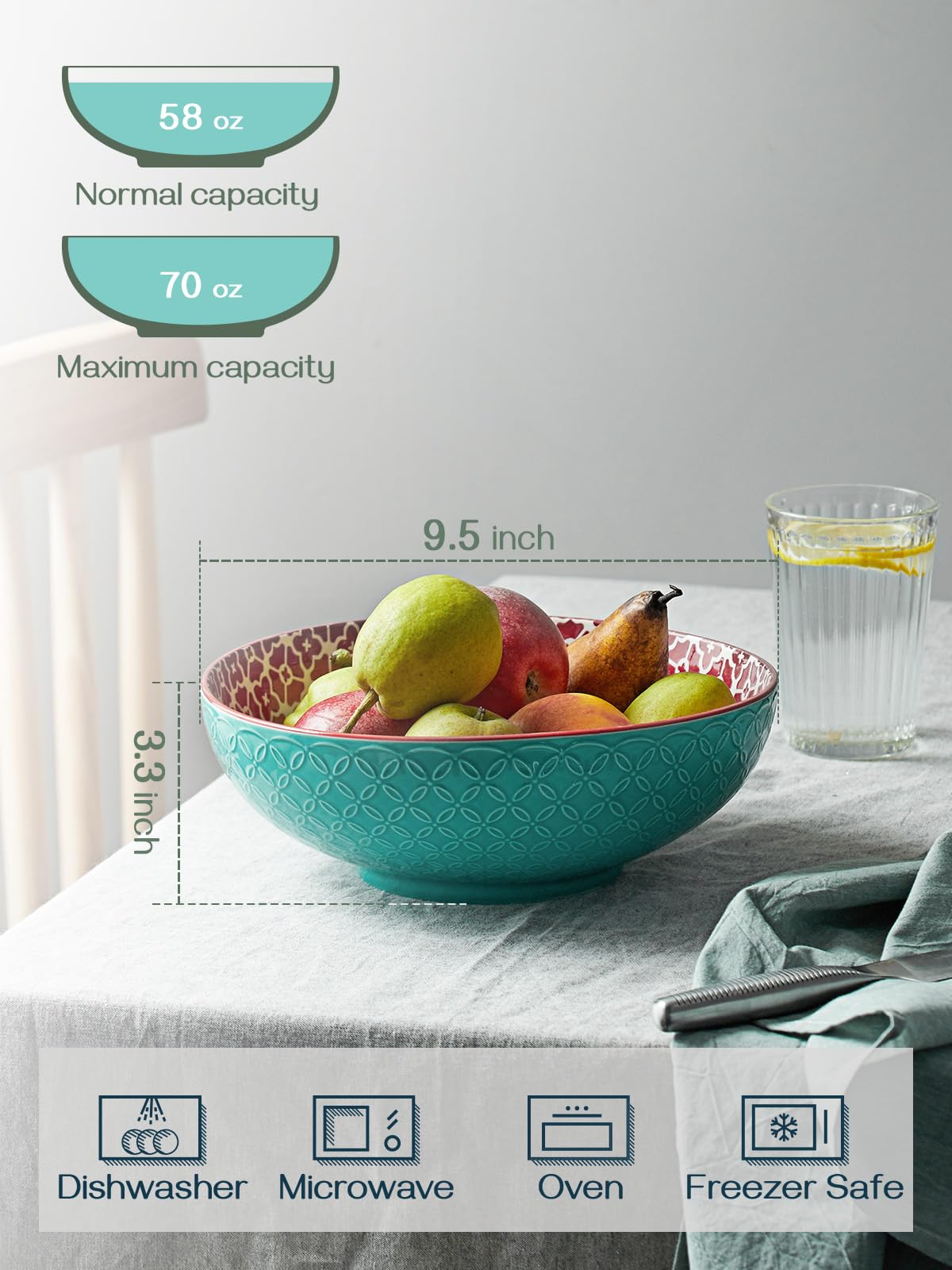 DOWAN Large Serving Bowls for Christmas  9.5 Inch Mixing Bowls  Decorative Serving Dishes for Entertaining  70 OZ Pasta Bowls Set of 2  Vibrant Color Fruit Salad Bowls for Party  Home Kitchen Decor