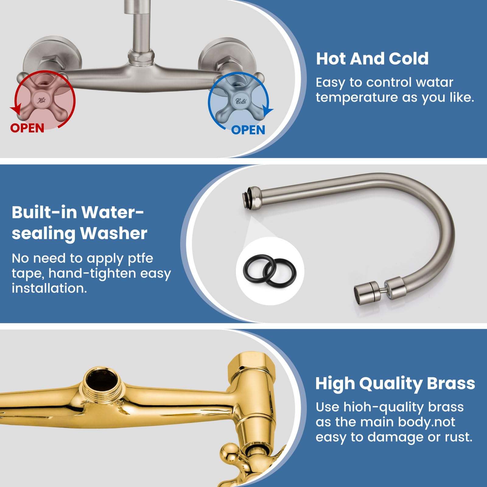 Airuida Brushed Nickel Wall Mount Kitchen Faucet with Sprayer Wall Mounted Kitchen Sink Faucet 8 Inch Center Double Cross Handles 360 Degree Swivel Spout Restaurant Mixer Tap Commercial