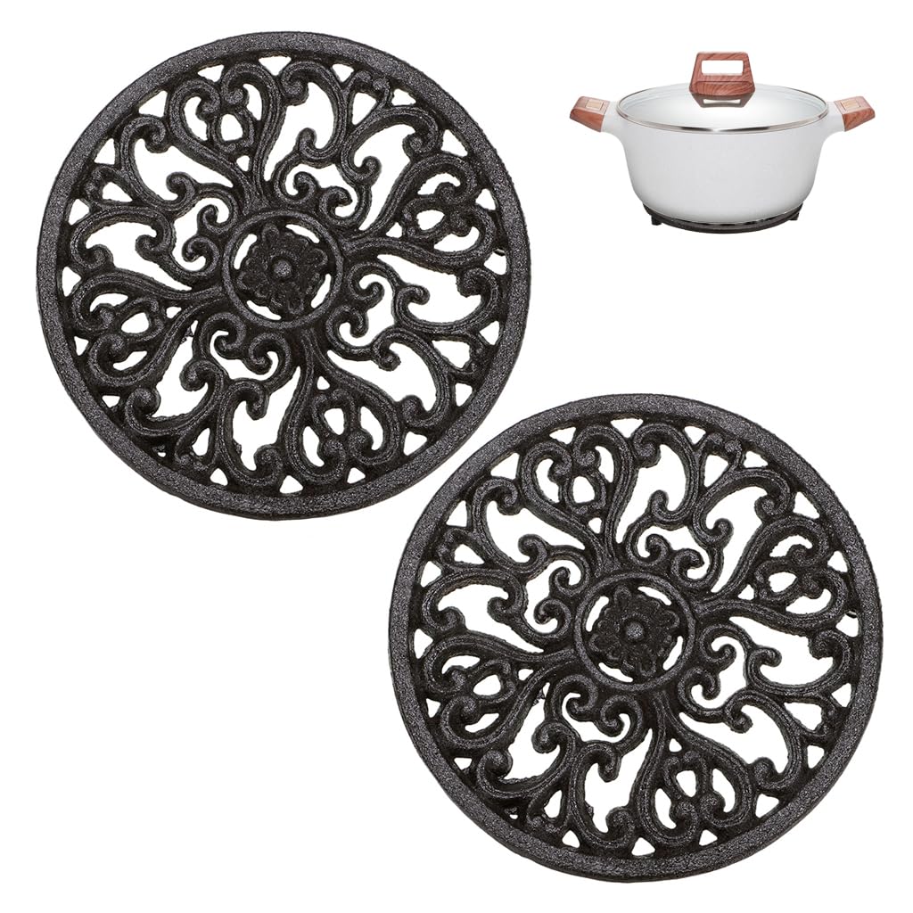 Sumnacon 2Pcs Round Cast Iron Trivets - 6.7 Inch Heat Resistant Iron Trivets For Hot Dish Pot Pan Plate Teapot, Rustic Cast Iron