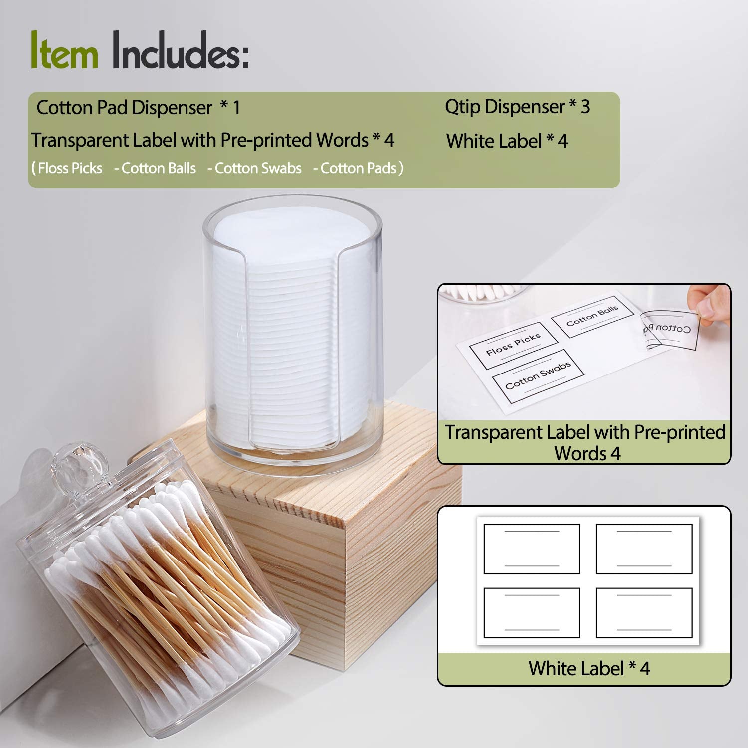 AOZITA 4 Pcs  10 OZ Qtip Holder Dispenser for Cotton Ball  Cotton Swab  Cotton Round Pads  Floss - Clear Plastic Apothecary Jar Set for Bathroom Canister Storage Organization  Vanity Makeup Organizer