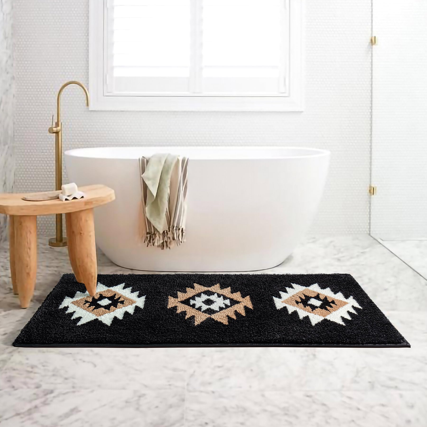 Dexde Boho Bathroom Rugs Black Aztec Bath Mat Non Slip Long Bathroom Rug Runner Luxury Soft Absorbent Carpet For Bathroom Shower