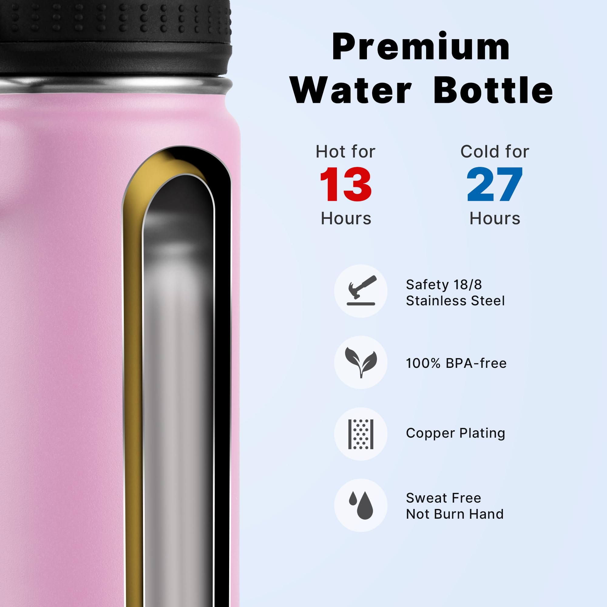 koodee Kids Water Bottle - 16 oz Stainless Steel, Triple Wall, Vacuum Insulated, Leakproof Spout Lid - Pink