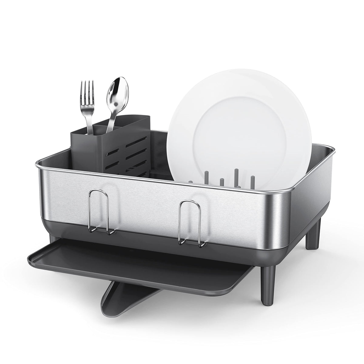 Simplehuman Compact Kitchen Dish Drying Rack With Swivel Spout, Fingerprint-Proof Stainless Steel Frame, Grey Plastic