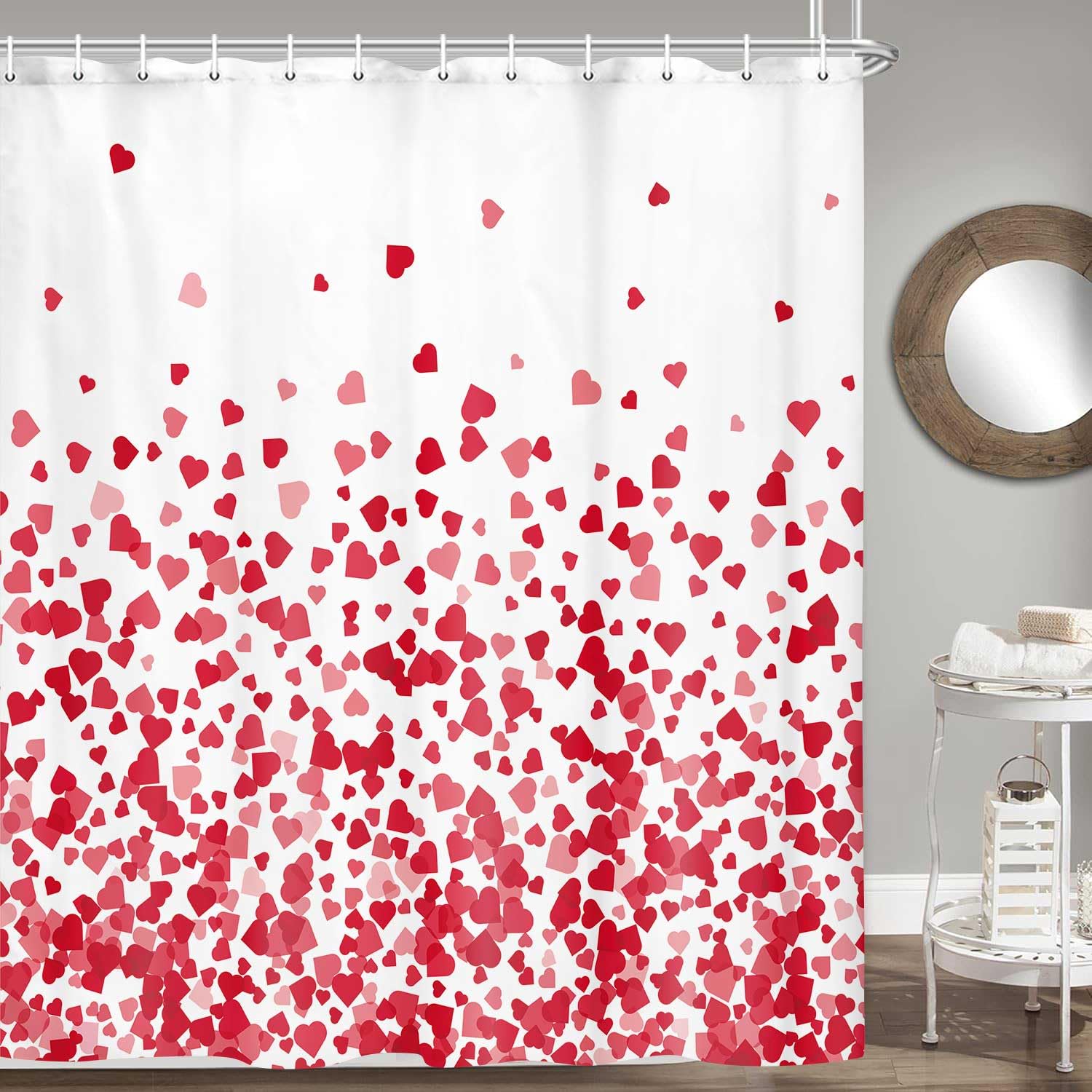 Jawo Heart Shower Curtain, Valentine'S Day Falling Red Heart Fabric Bathroom Curtain And Hooks, Valentine'S Day Pink Love Waterp