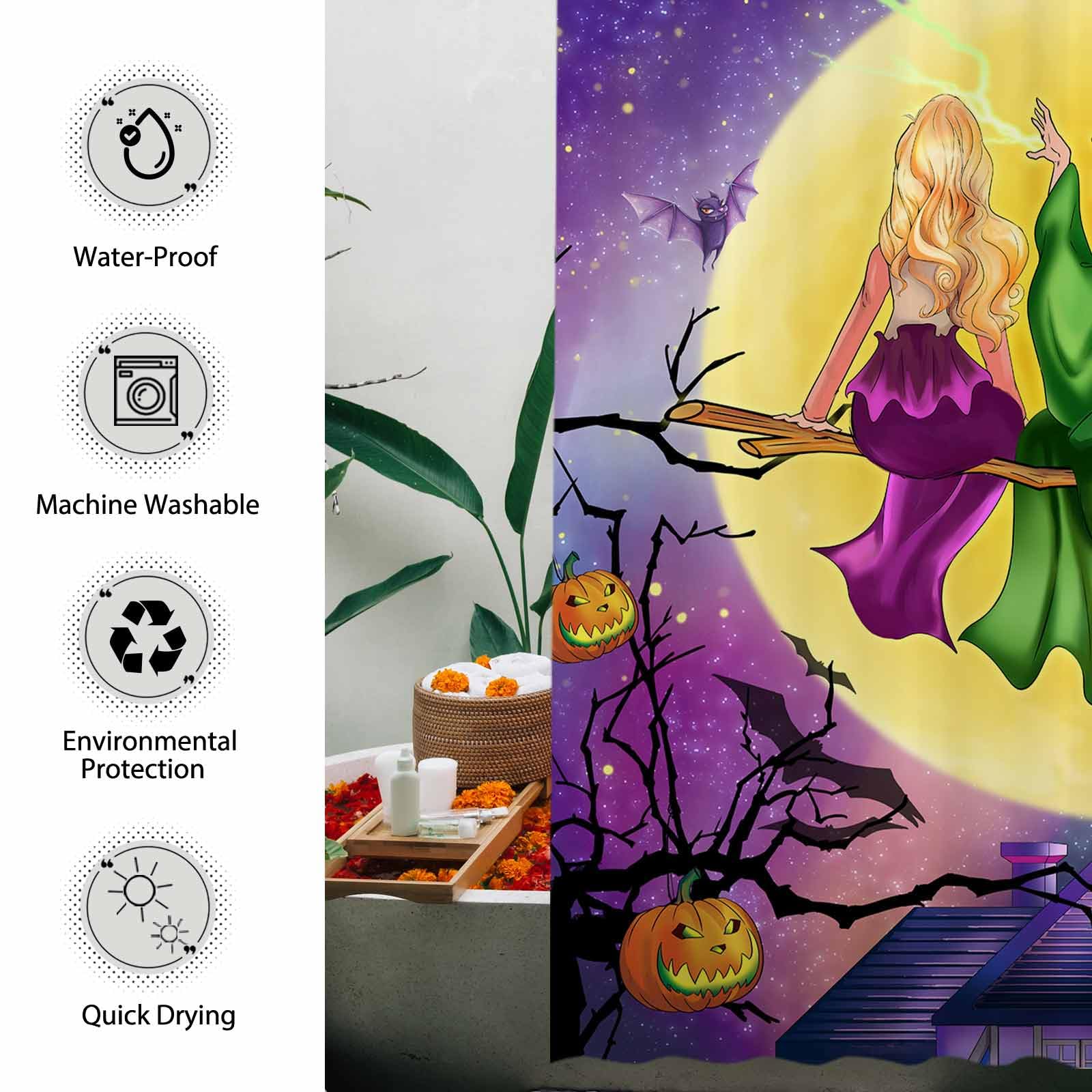 Allenjoy 72'' X 72'' Halloween Witches Shower Curtain Set Fall Autumn Moonlight Home Bath Bathtub Decorations Bathroom Decor Eas