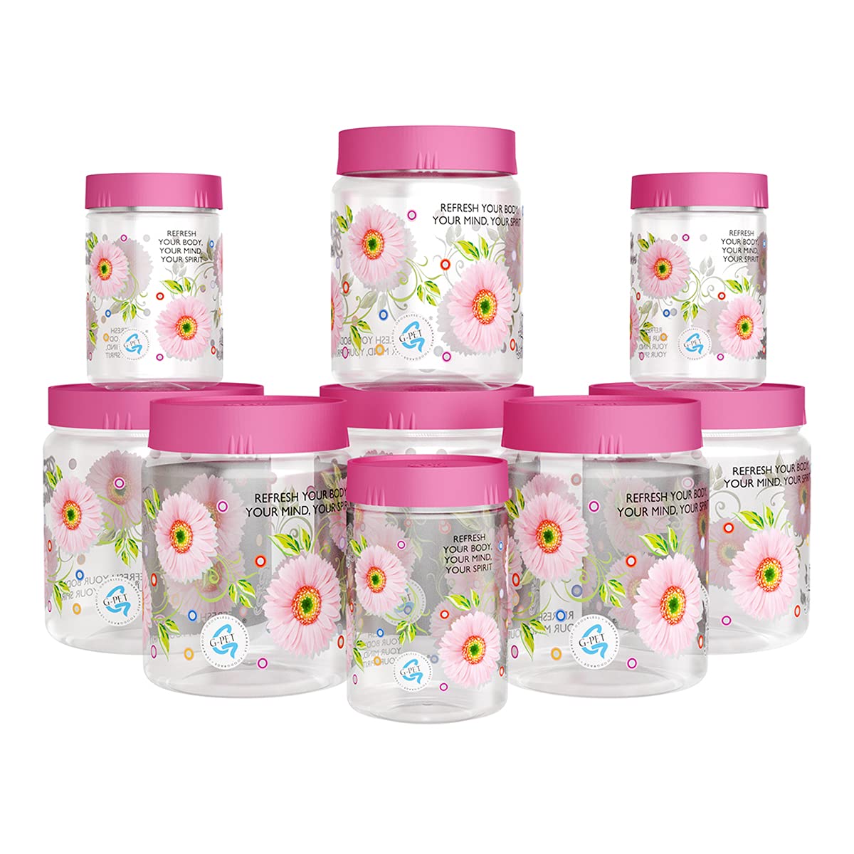 Gpet Print Magic Container Pink Pack Of 91500Ml (3 Pcs), 1000Ml (3 Pcs), 450Ml (3 Pcs) Plastic Grocery Container | Home Kitchen