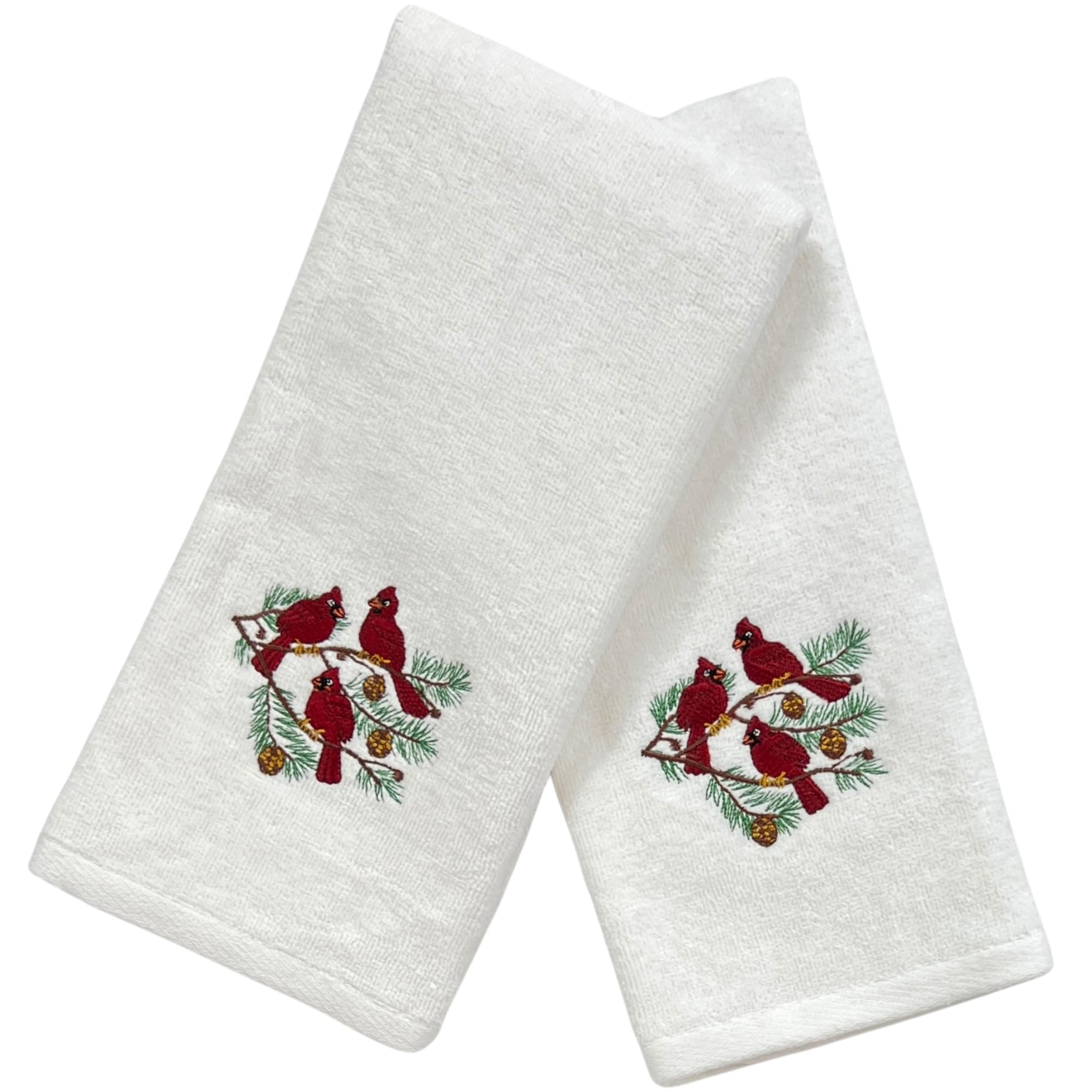 Christmas Hand Towels: Plush Velour Cotton With Embroidered Winter Cardinal Birds On Pine Tree, Set Of 2