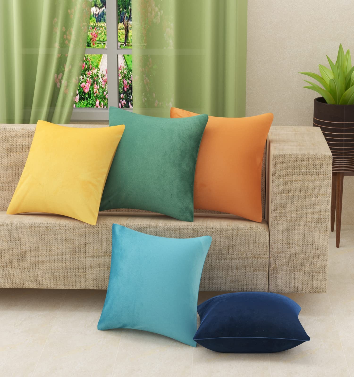 Stuffique Velvet Throw Pillow Solid Plain 250 Tc Cushion Covers 16 Inch X 16 Inch Set Of 5, Multicolor