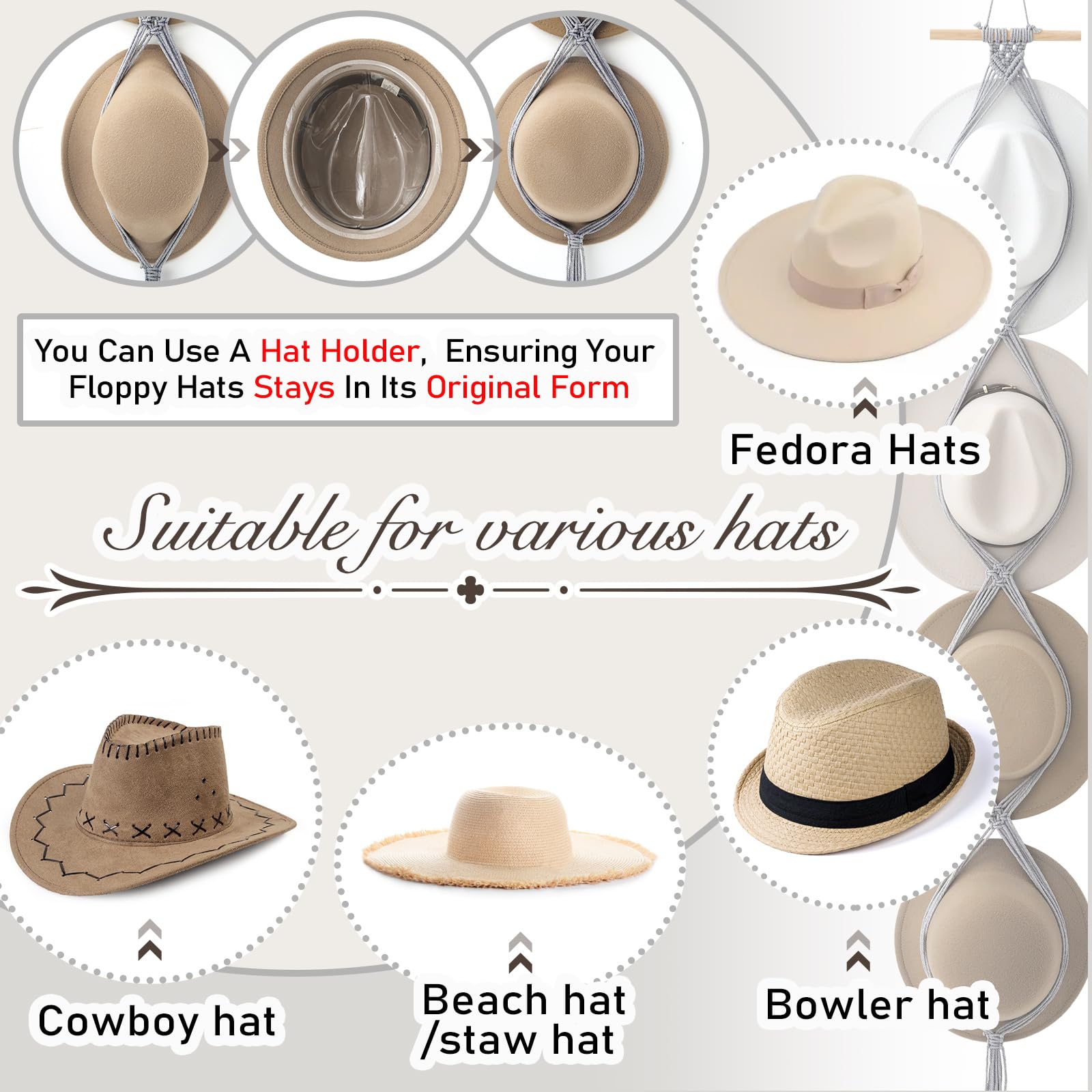 Yulejo Macrame Hat Hangers Boho Hat Rack Cowboy Hat Hanger Back Of Door Hat Organizer (Gray,Four Hats Style)