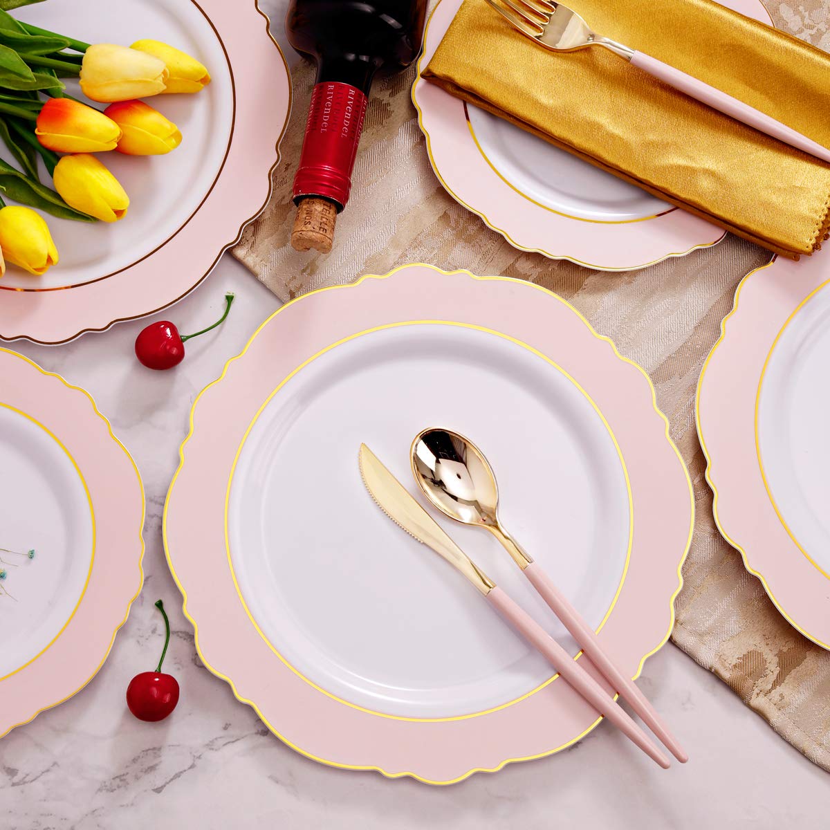 Wdf 30Guest Pink Plastic Plates - Hign-End Baroque Design - Gold Plastic Silverware With Pink Handle-Baroque Pink &Gold Plastic