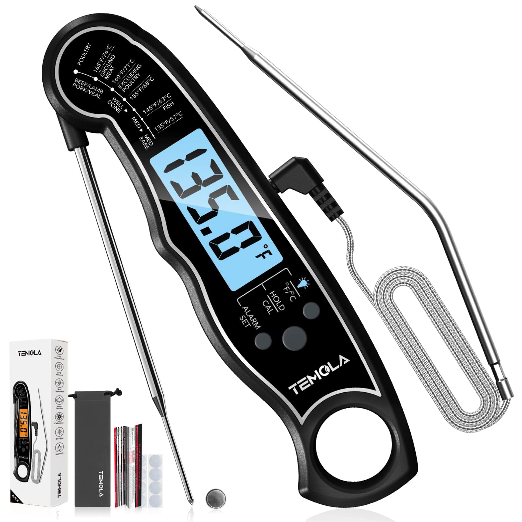 TEMOLA Meat Thermometer, Instant Read Food Thermometer for Cooking, Digital Food Thermometer with LCD Backlight for Candy Fry Gr