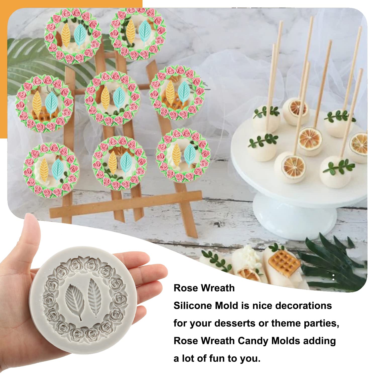 Sijiangmold Rose Wreath Leaves Silicone Molds Flower Garland Fondant Mold For Wedding Valentine Party Cake Decorating Candy Cupc