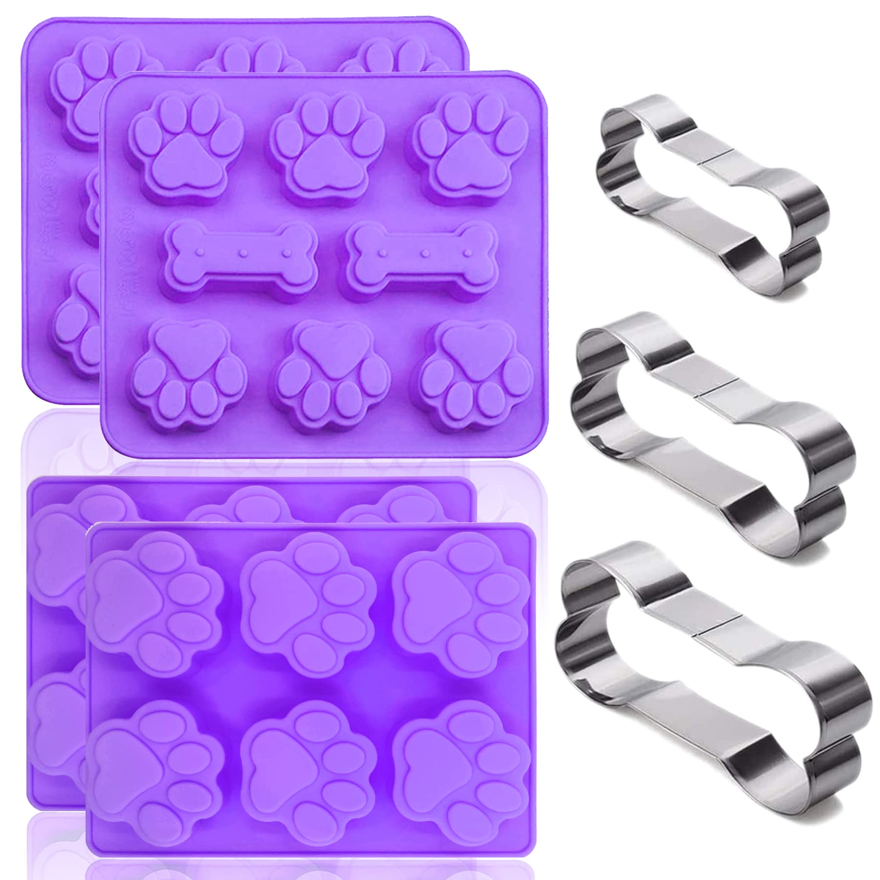 Set Of 7,4 Packs Silicone Molds Puppy Dog Paw & Bone Shaped And 3 Packs Stainless Steel Bone Cookie Cutter,For Homemade Treats A