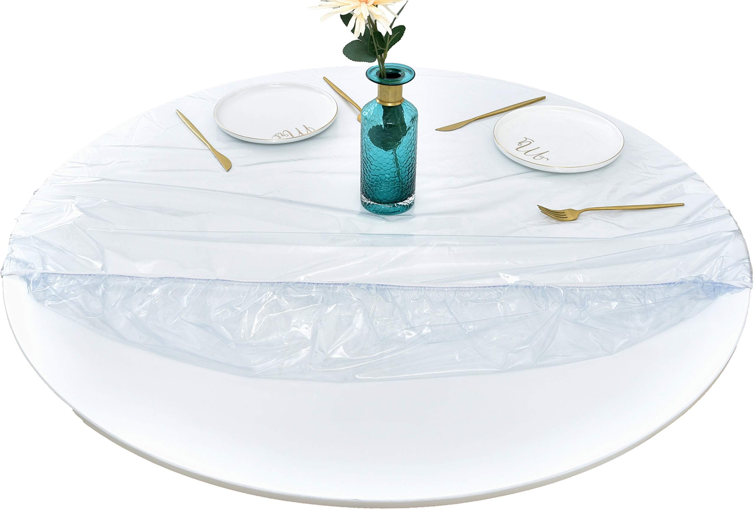 Rally Home Goods Indoor Outdoor Heavy Duty Premium Clear Transparent Round Fitted Vinyl Tablecloth, Elastic Edge, Waterproof Wip