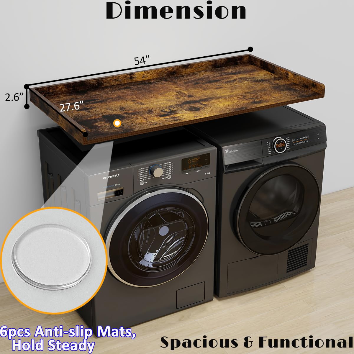 Dooloric Washer Dryer Countertop, Laundry Counter Top With Edge Rails Non-Slip Pads,27.6'' Depth X 54'' Width Wood Topper For Wa