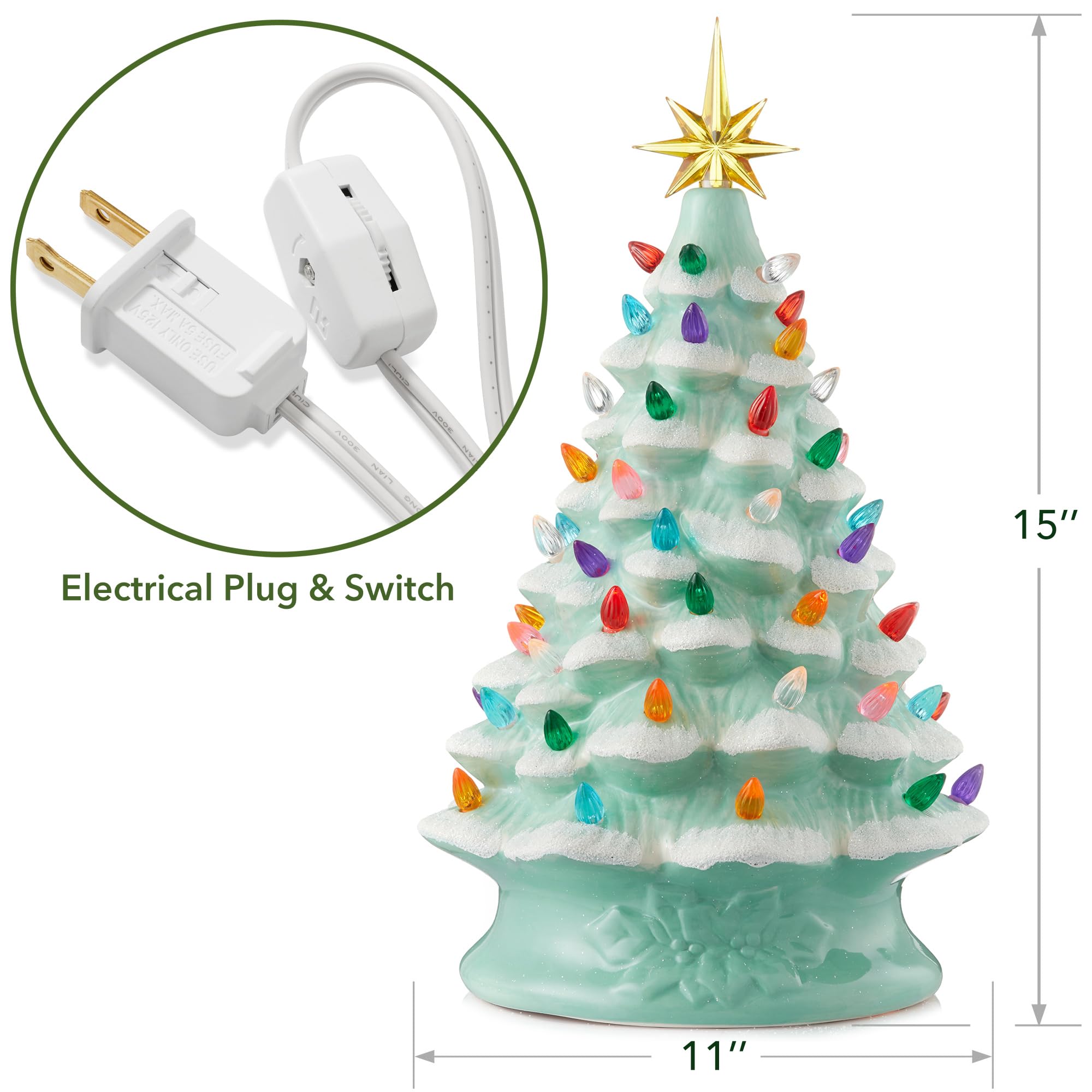 Casafield Hand Painted Ceramic Christmas Tree, Seafoam Green Snow Flocked 15-Inch Pre-Lit Tree with 128 Multi Color Lights and 2