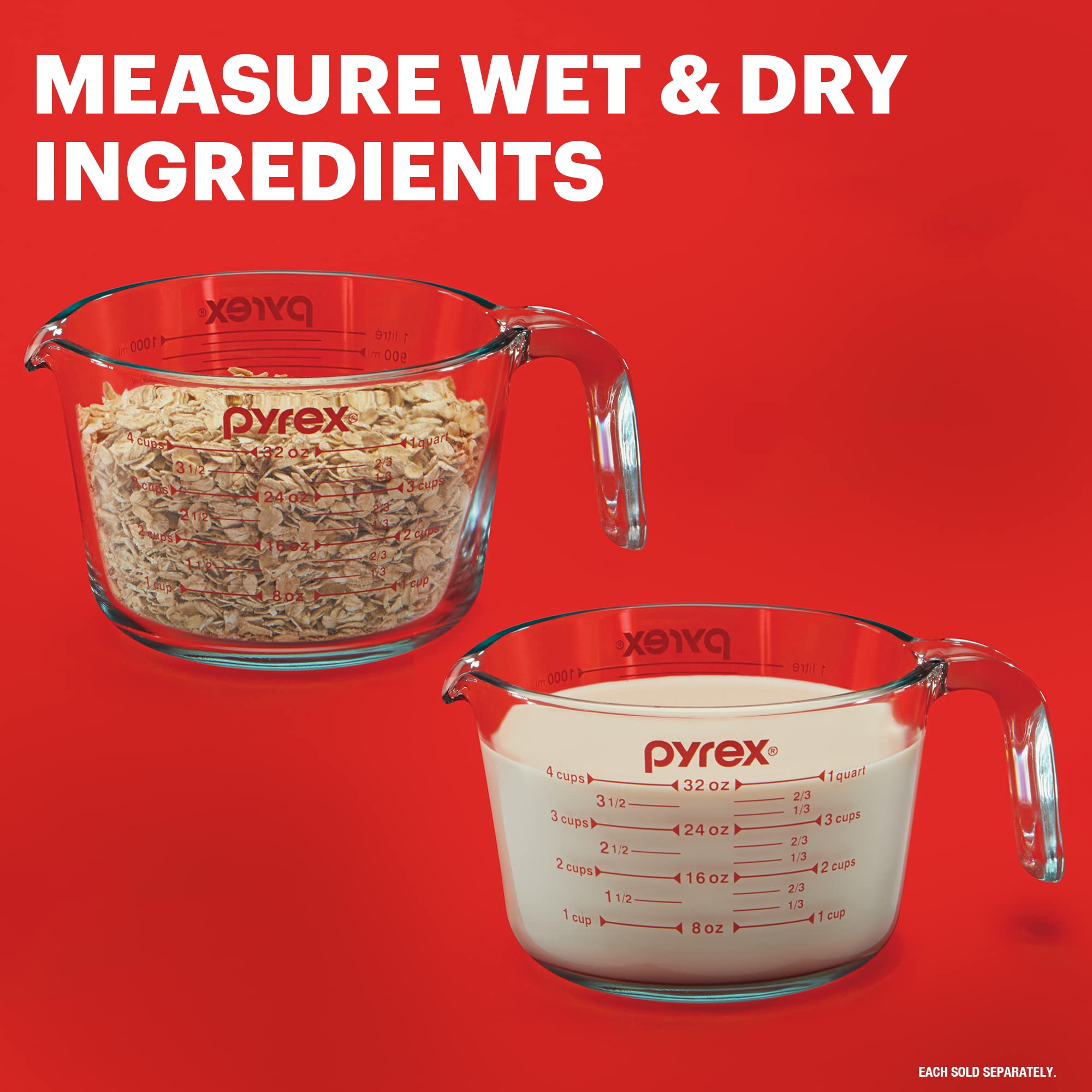 Pyrex 4-Cup Glass Measuring Cup For Baking And Cooking, Dishwasher, Freezer, Microwave, And Preheated Oven Safe, Essential Kitch