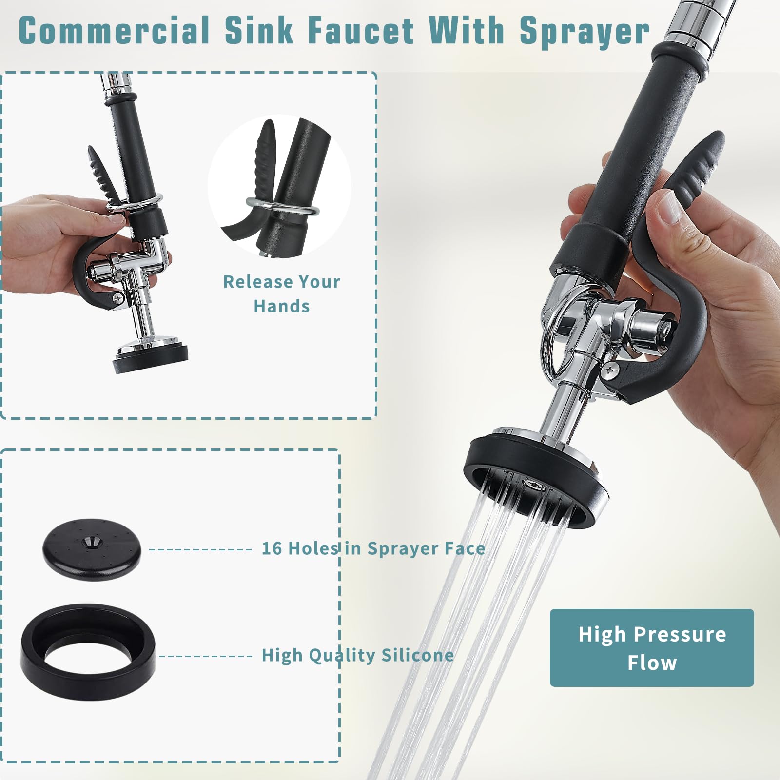 Fapully Commercial Kitchen Faucet,Wall Mount Kitchen Sink Faucet With Pre-Rinse Pull Down Sprayer,25 Height 8'' Center 3 Compart