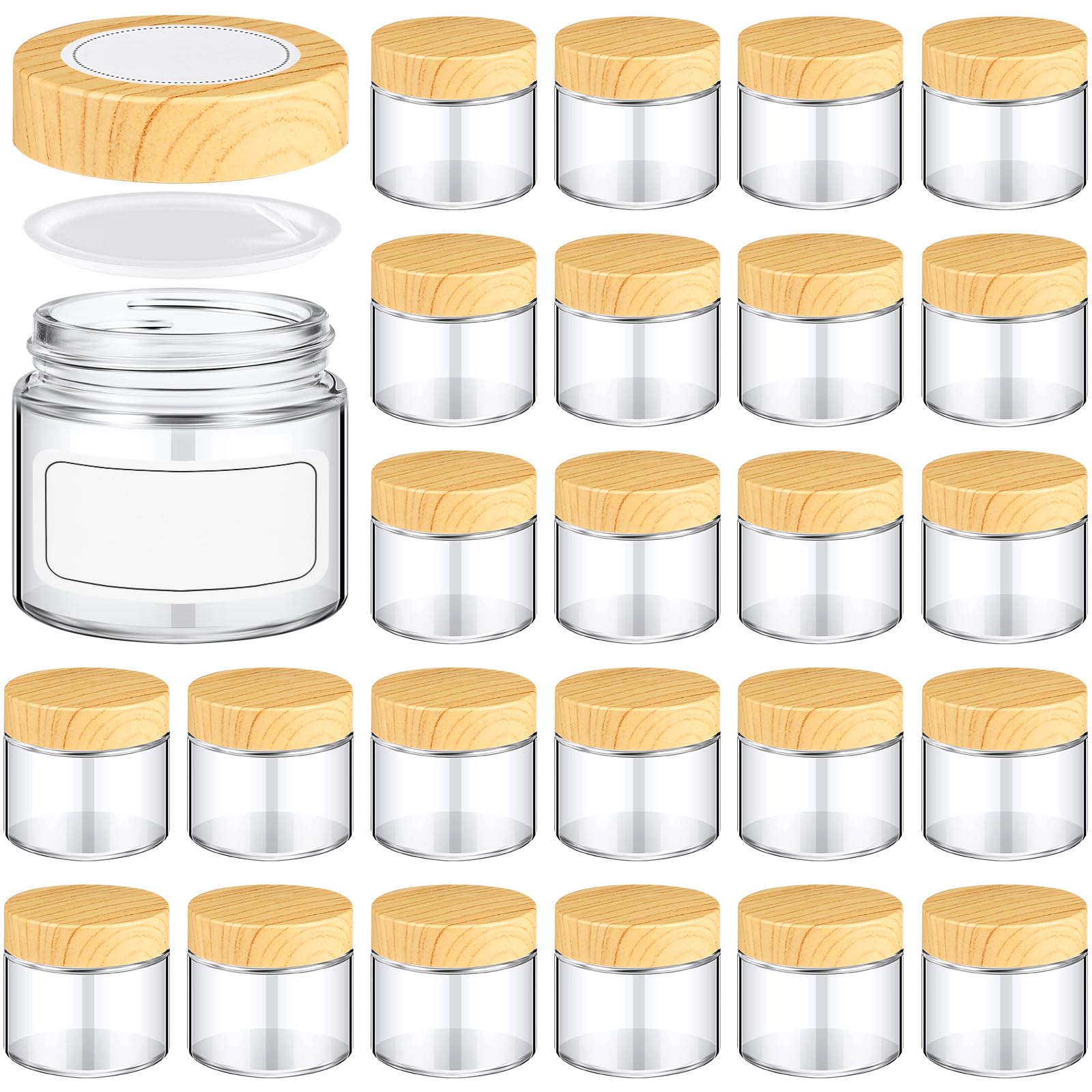 Layhit 24 Pcs Glass Jars With Lids Clear Small Jars With Woodgrain Lids, White Labels And Inner Liners Empty Round Cosmetic Cont