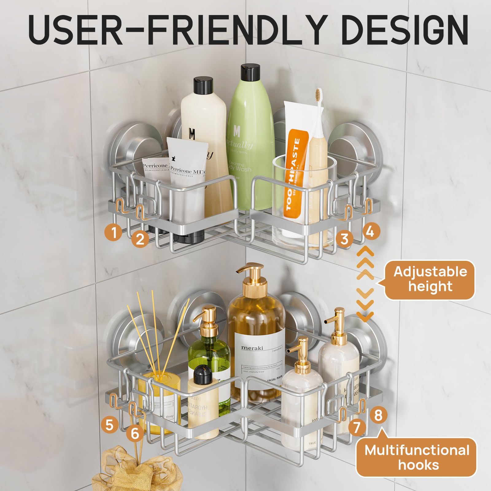 Leverloc Corner-Adaptive Suction Cup Shower Caddies 2 Pack, Drill-Free Wall Mounted Basket, Stainless Steel Rustproof Corner Sho
