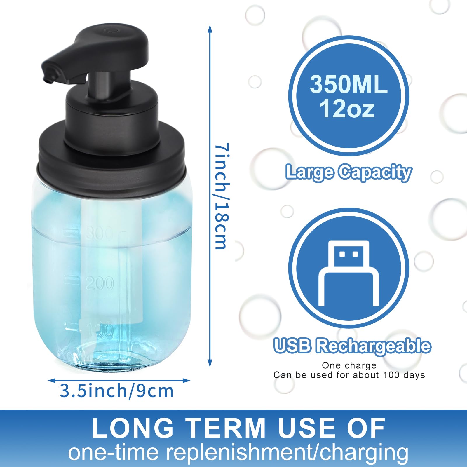 12 Oz Automatic Touchless Glass Soap Dispenser, Rechargeable Hands Free Liquid Mason Jar Soap Dispenser With Electric Sensor Pum