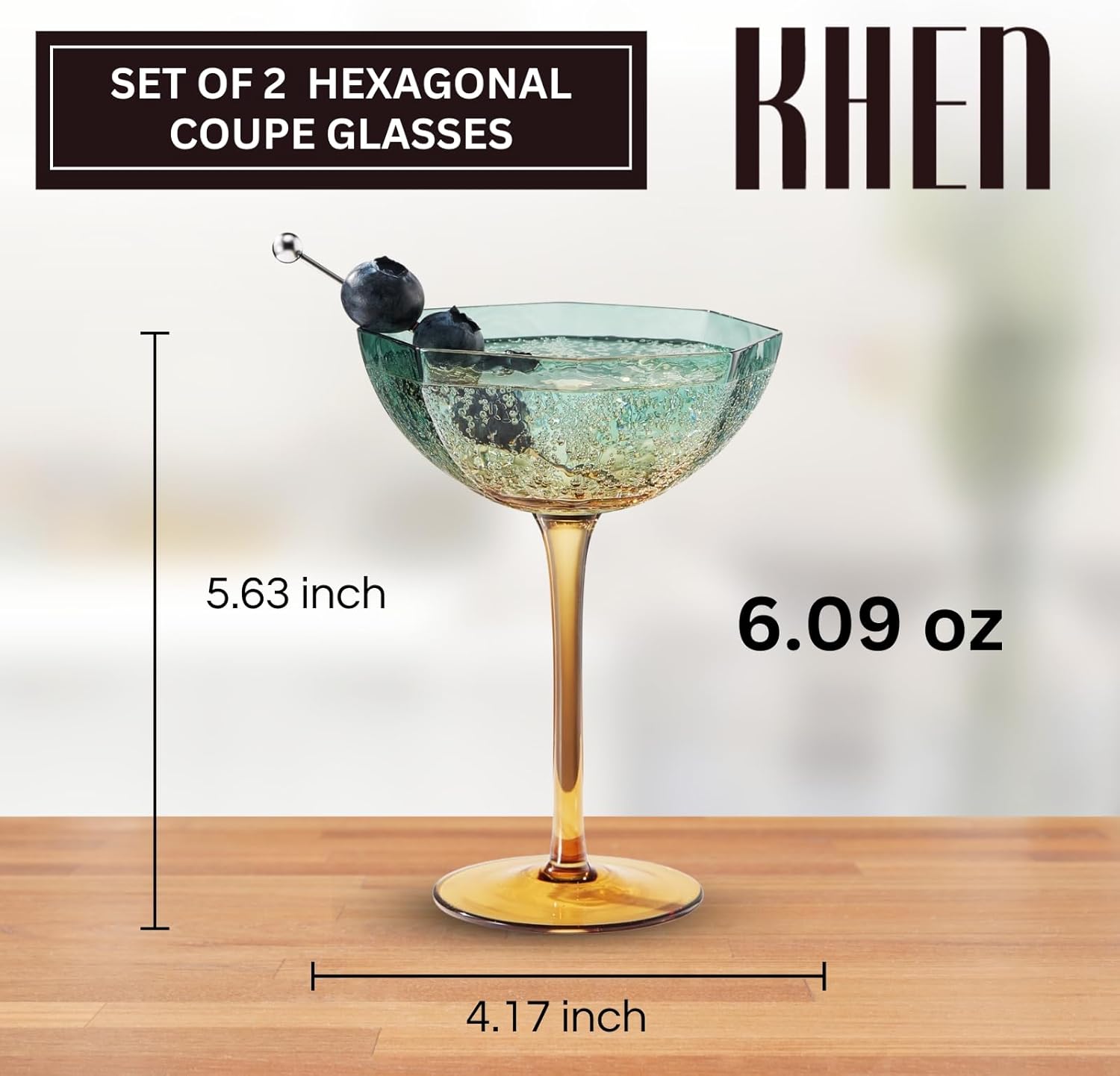 Khen Hexagonal Coupe Glasses Elegant Break Resistant  - Set of 2 Teal + Brown