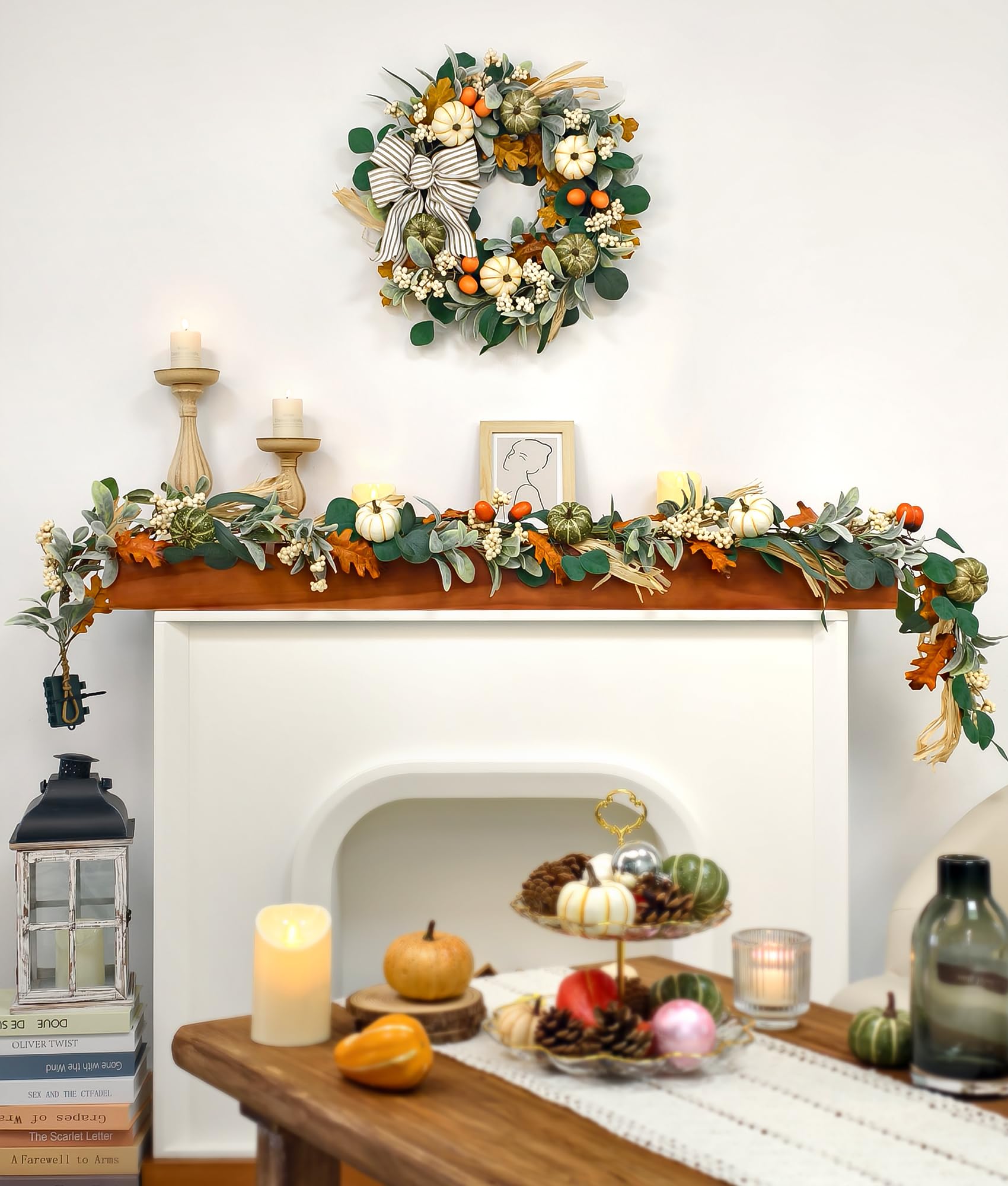 20'' Fall Wreath with Lights, Eucalyptus Pumpkins Autumn Wreaths for Front Door, Fall Decor, Porch Wall, Home Outdoor Holiday De
